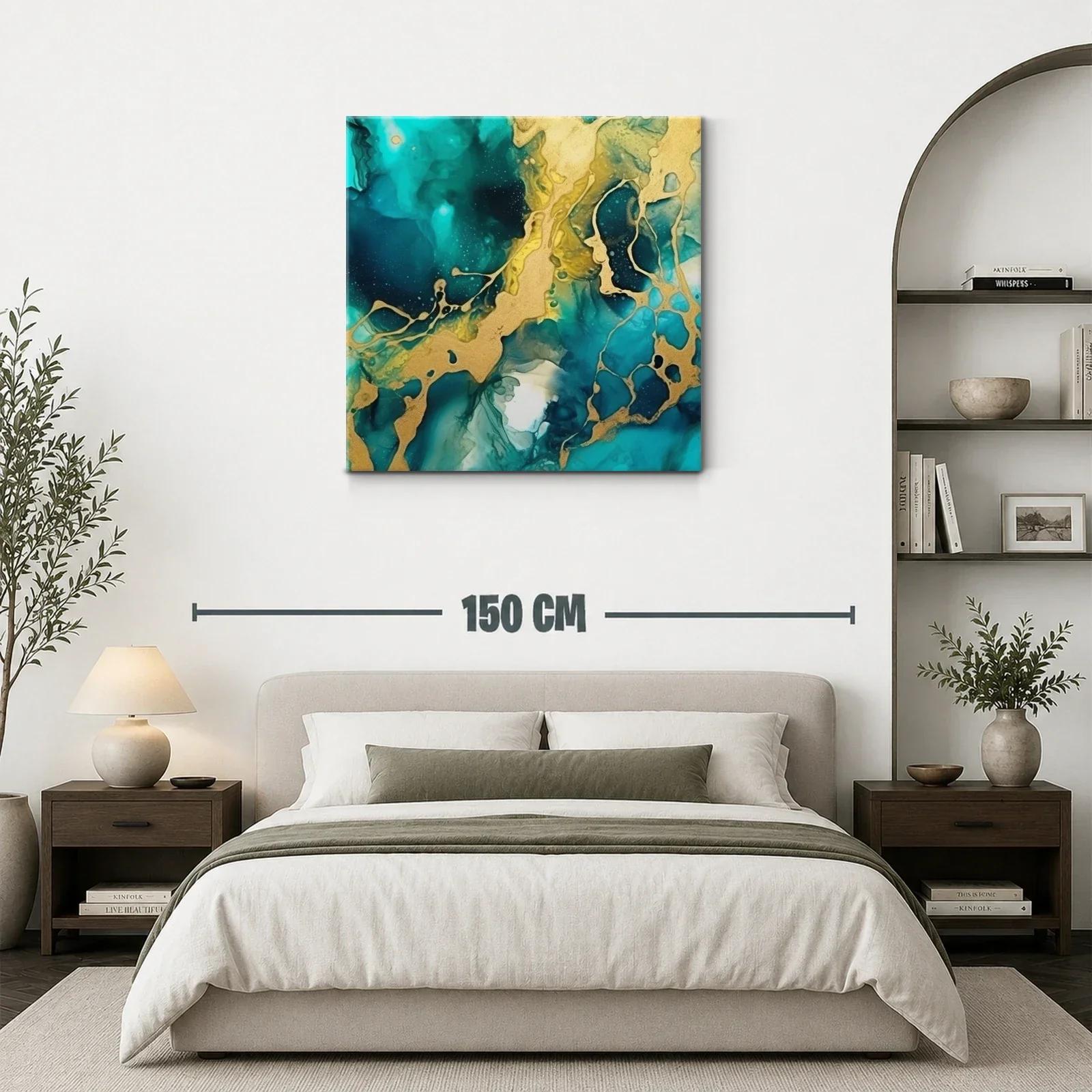 Cuadro abstracto con tonos turquesa y dorados vibrantes — miniatura 3