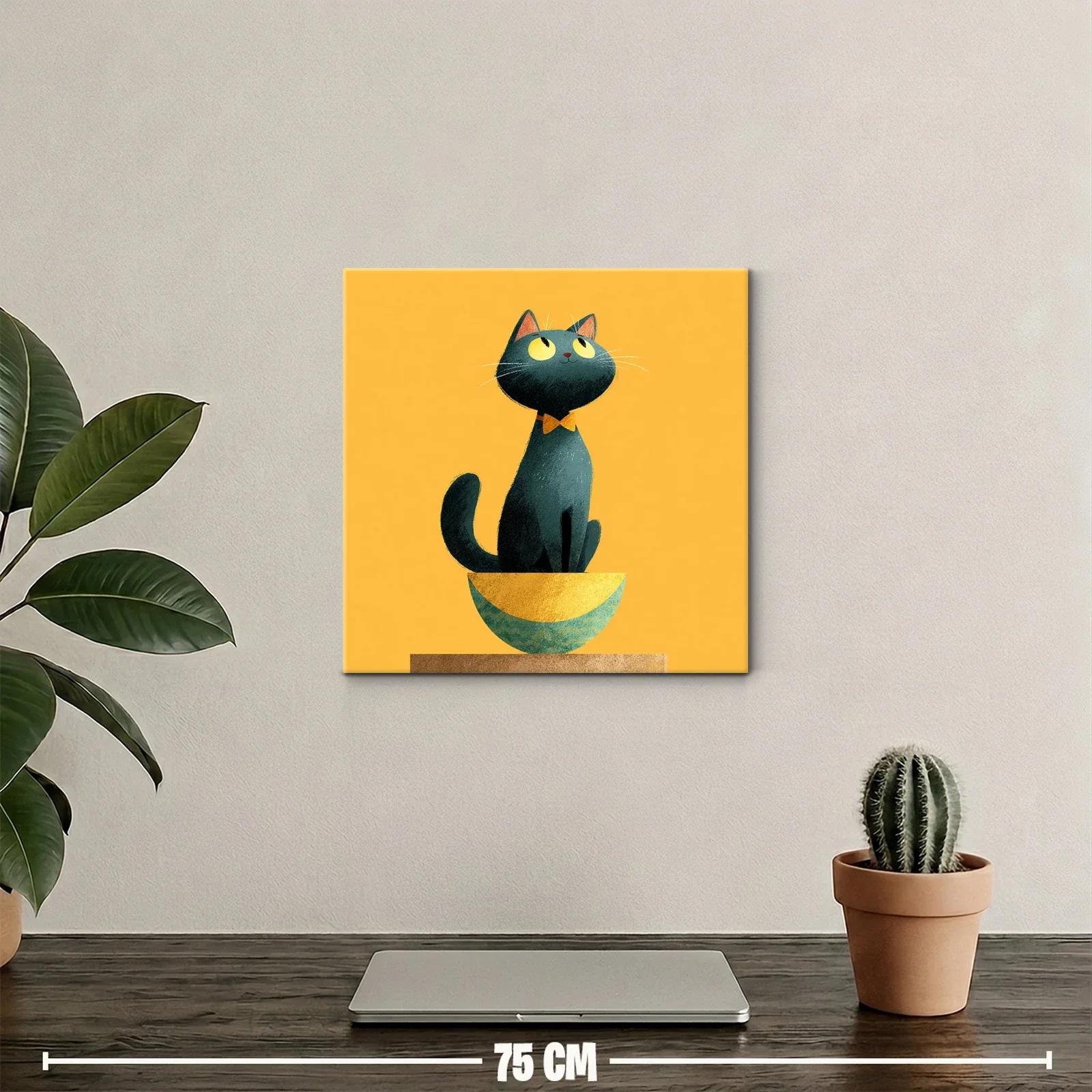 Encantador gato negro en cuenco sobre fondo amarillo vivo — miniatura 2