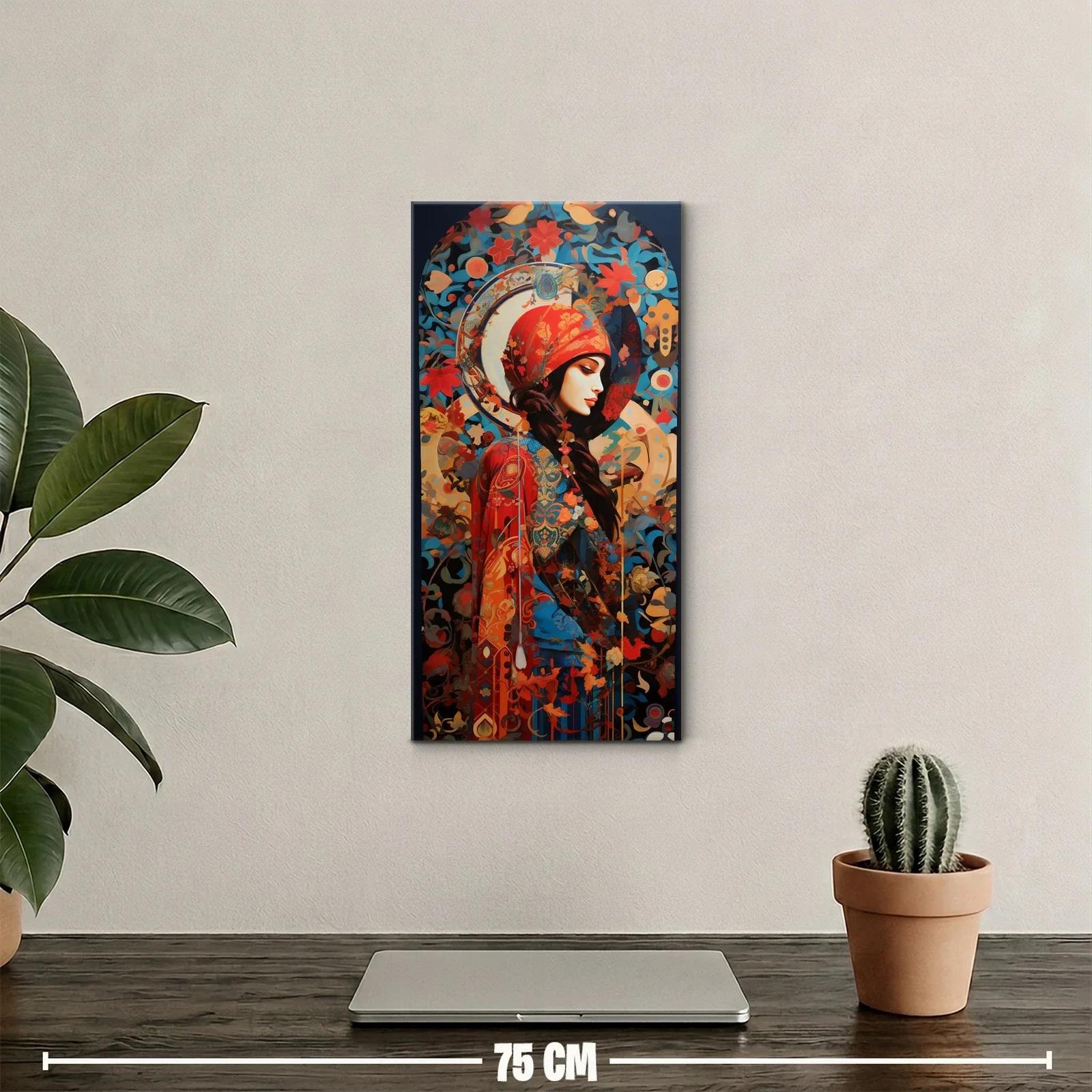 Cuadro mujer con turbante rojo y halo floral — miniatura 2