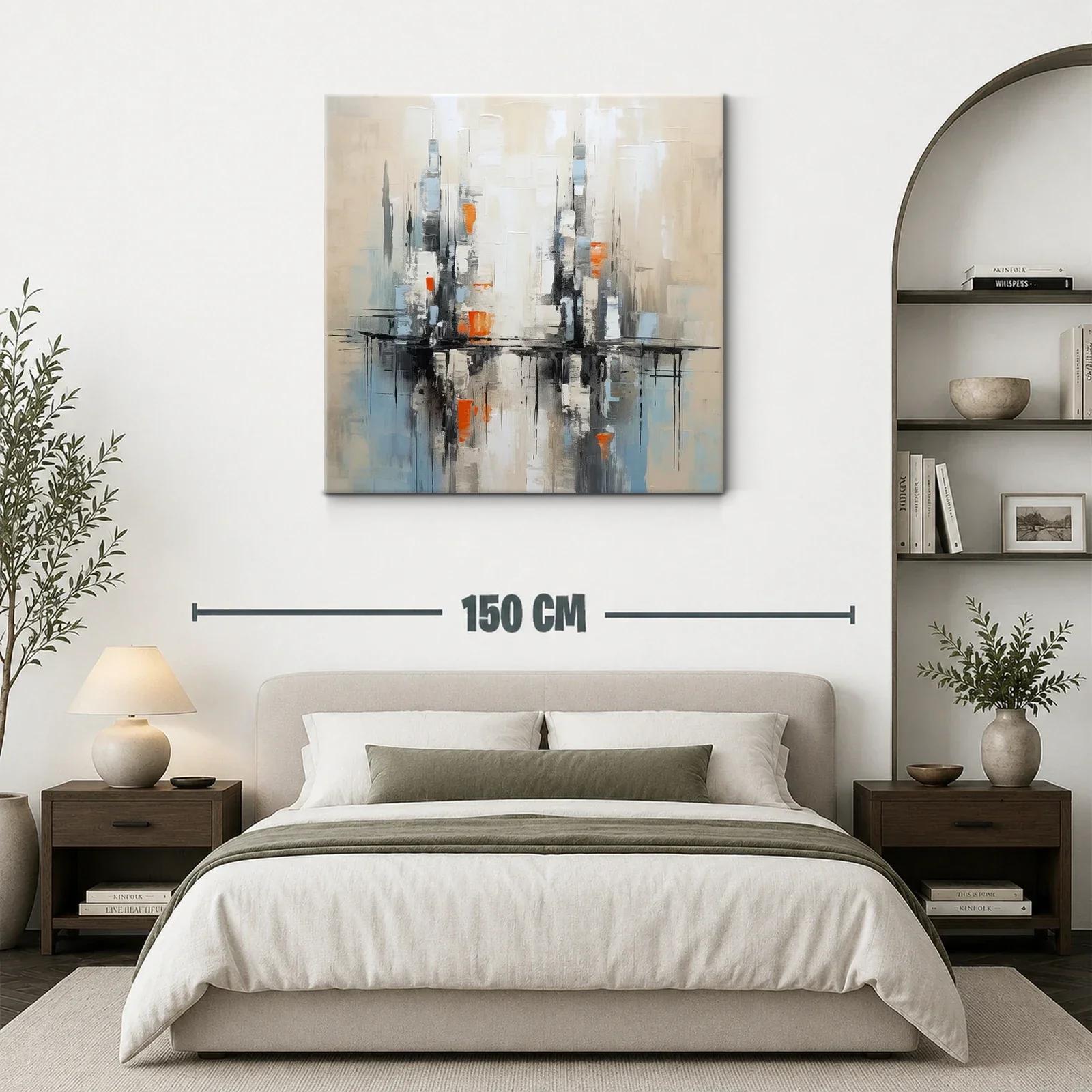 Cuadro abstracto con reflejos urbanos en tonos neutros y naranjas — miniatura 3