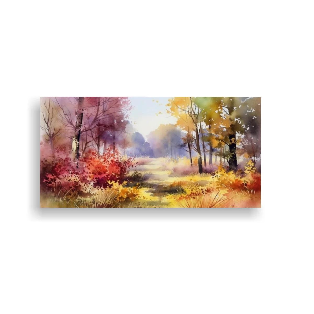 Cuadro paisaje otoñal con abertura luminosa y matorrales rojizos — imagen principal
