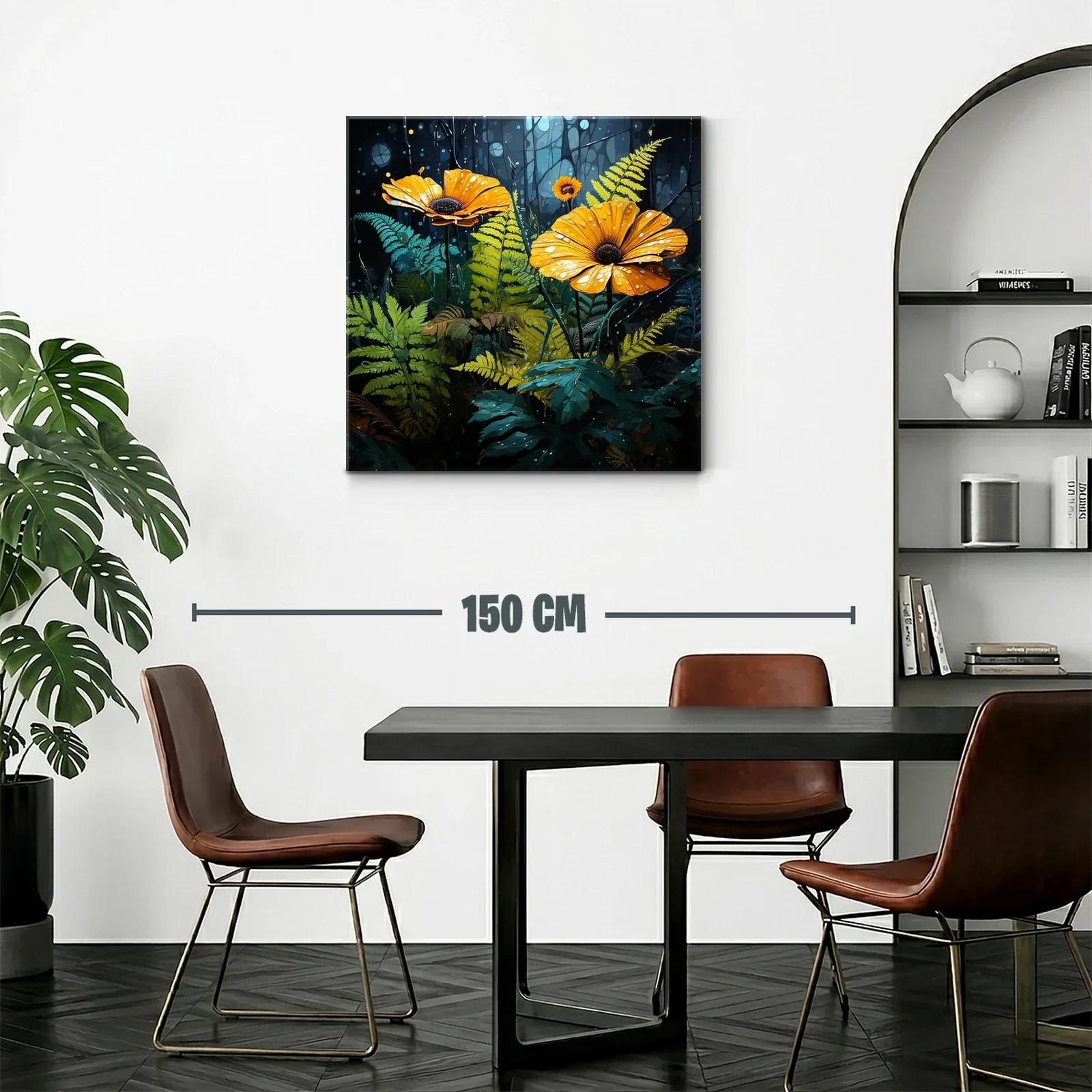 Flores amarillas en bosque oscuro con gotas de rocío — miniatura 2
