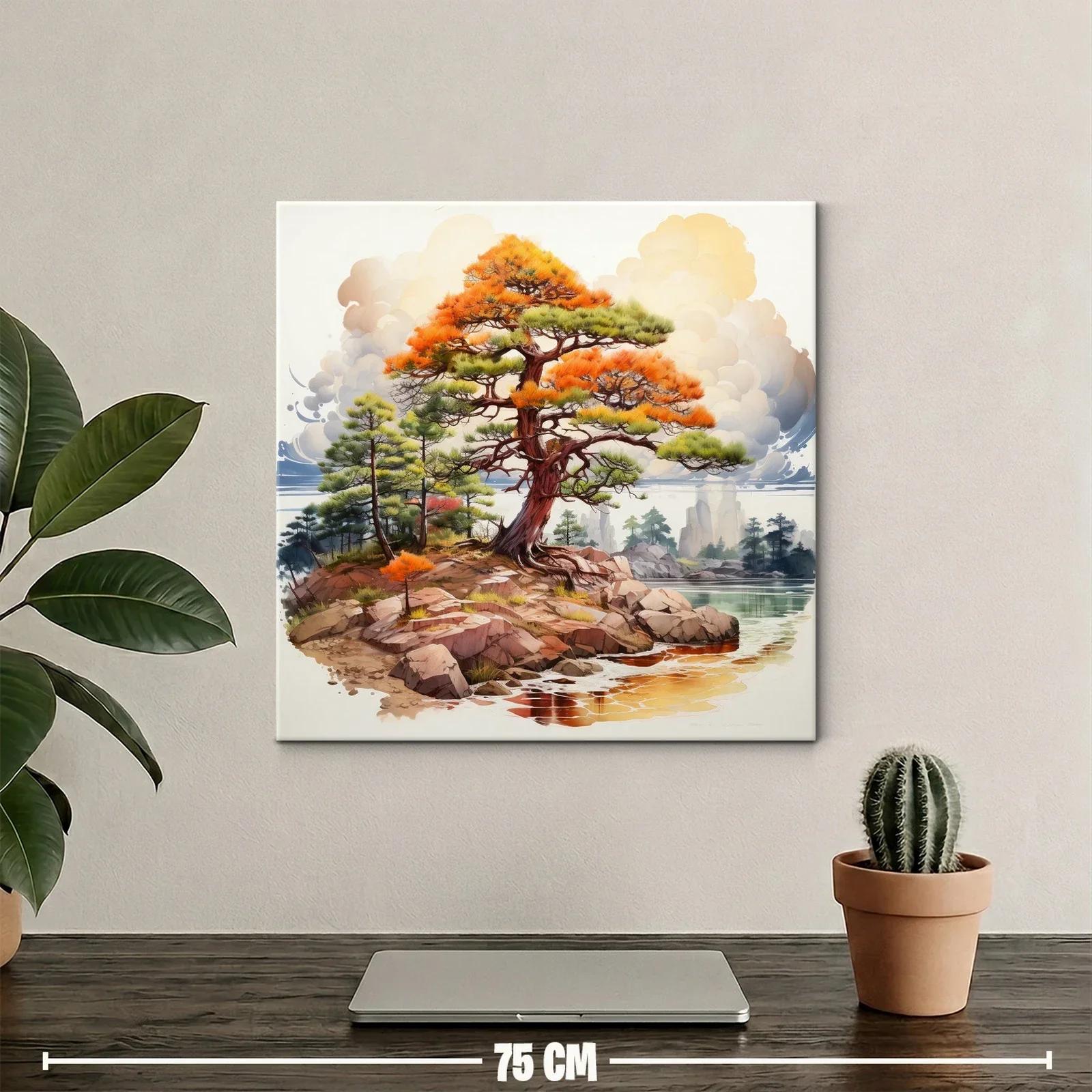 Paisaje con árbol en tonos cálidos junto al agua y rocas — miniatura 2