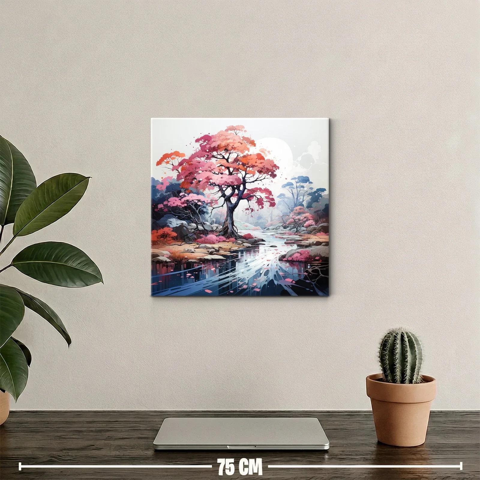 Paisaje sereno con árbol rosa junto a río reflejante — miniatura 2