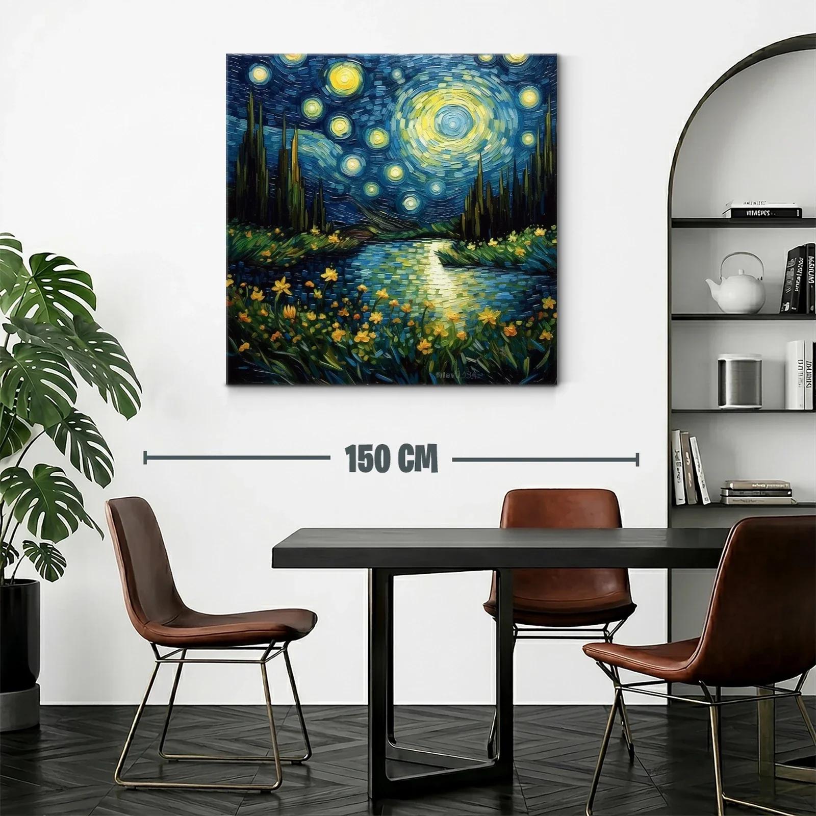 Paisaje nocturno estrellado con flores luminosas y río sereno — miniatura 2