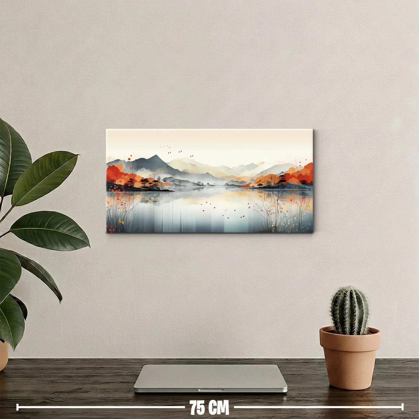 Cuadro paisaje de lago con montañas y juncos — miniatura 2