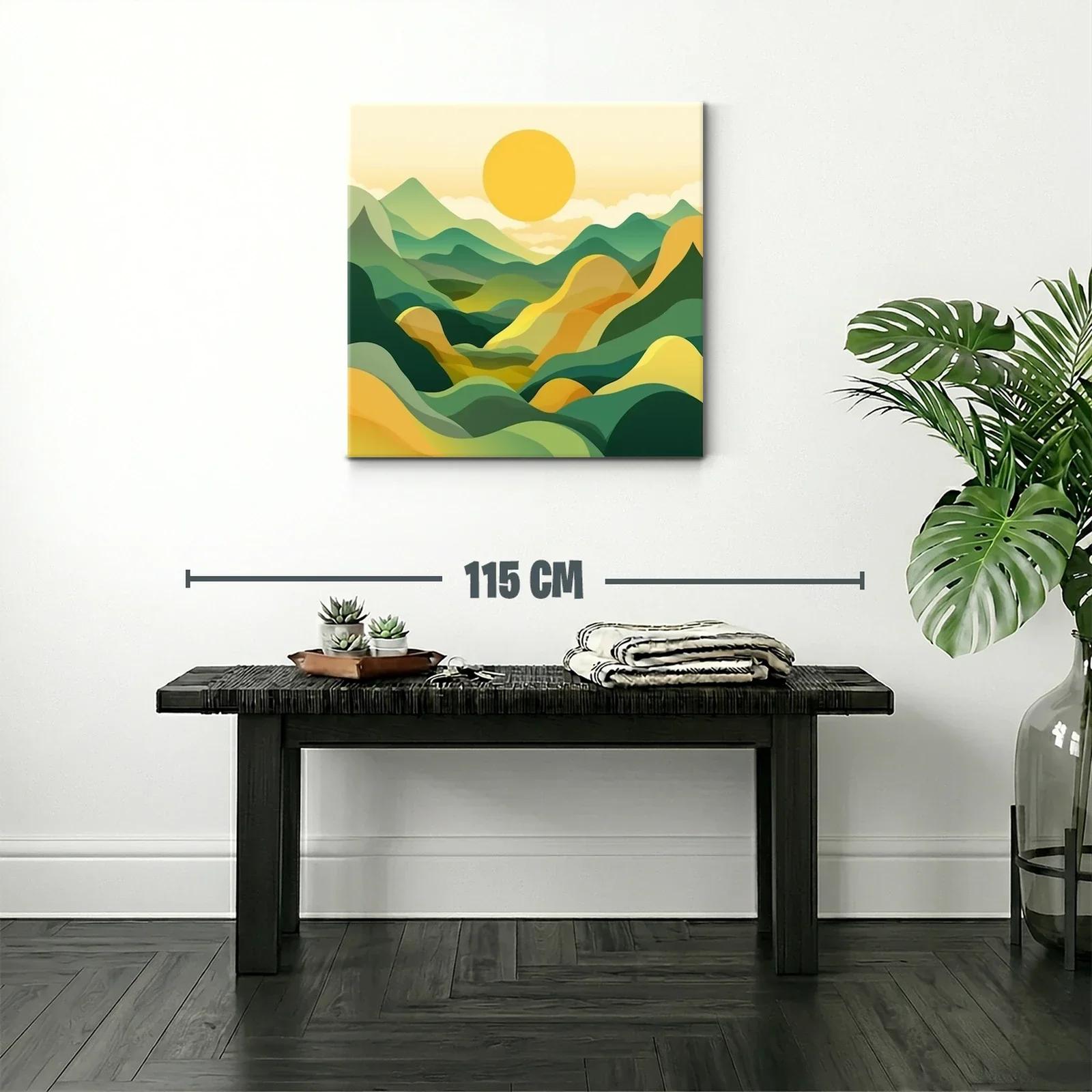 Paisaje abstracto con montañas y sol amarillo vibrante — miniatura 2