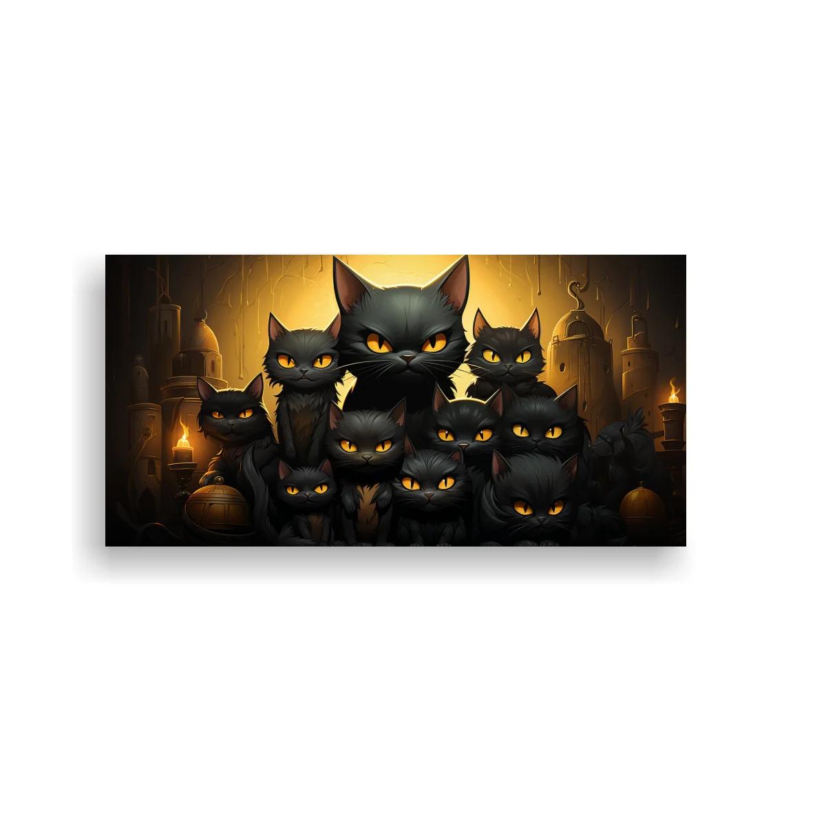 Cuadro grupo de gatos negros con vasijas y faroles