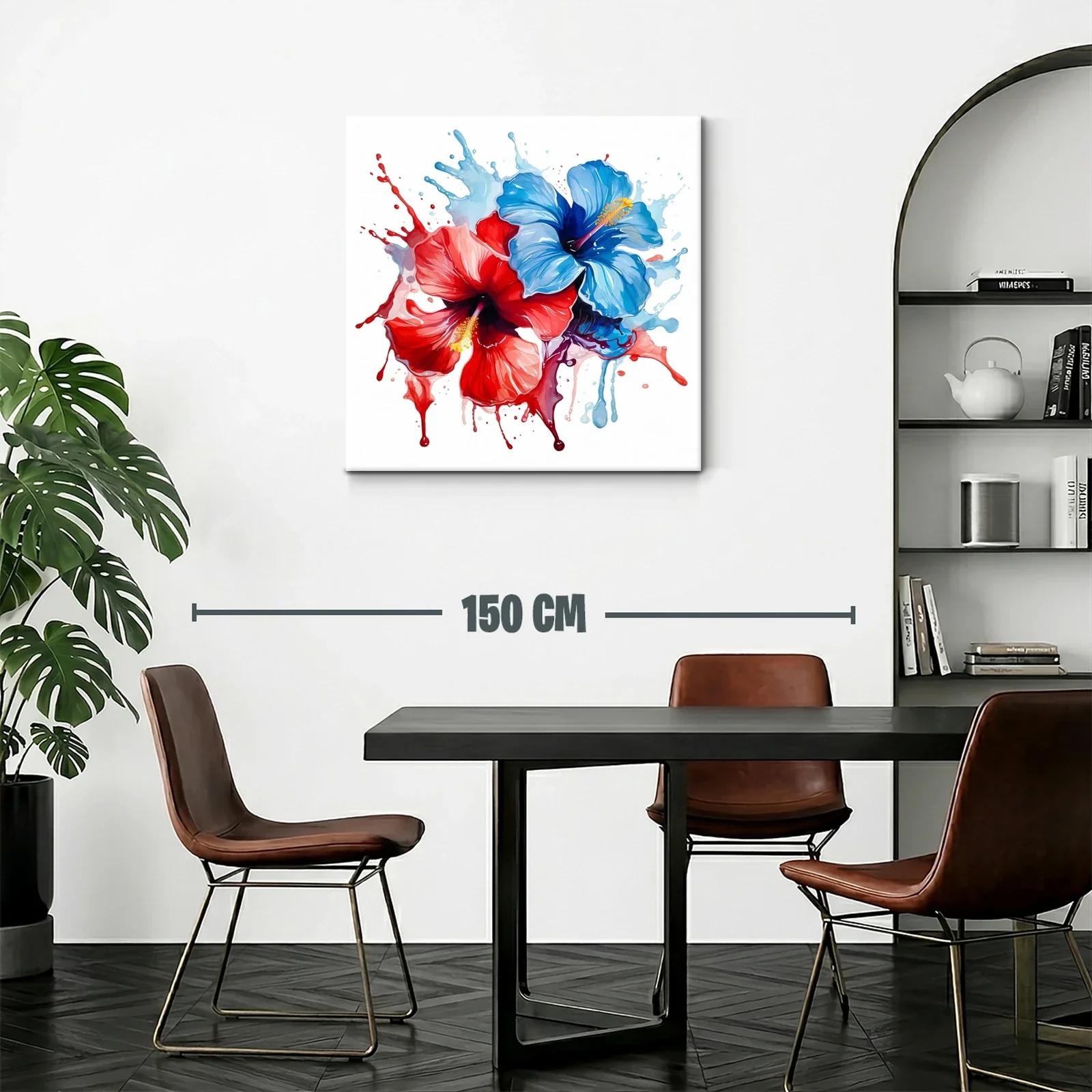 Cuadro moderno de flores hibisco en tonos rojo y azul — miniatura 2
