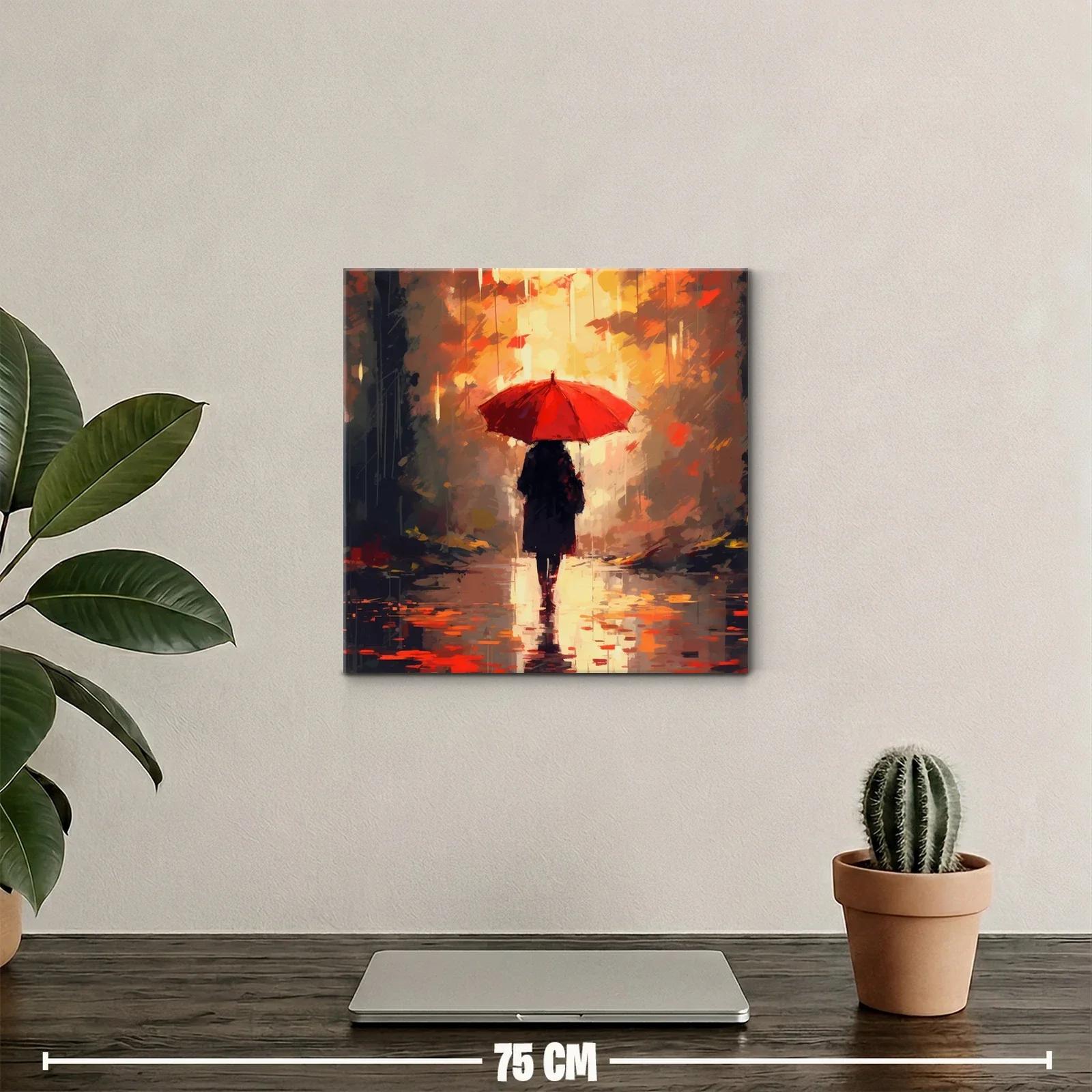 Caminante bajo paraguas rojo en paisaje otoñal — miniatura 2