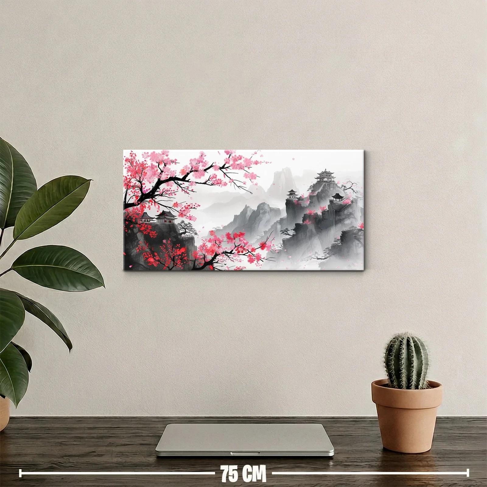 Cuadro paisaje oriental con flores de cerezo y pagodas en la niebla — miniatura 2