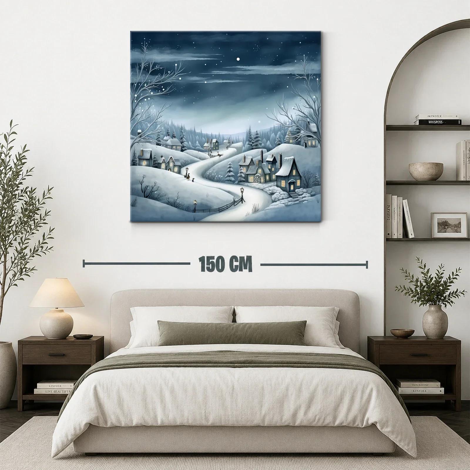 Paisaje invernal con casas y cielo estrellado nocturno — miniatura 3