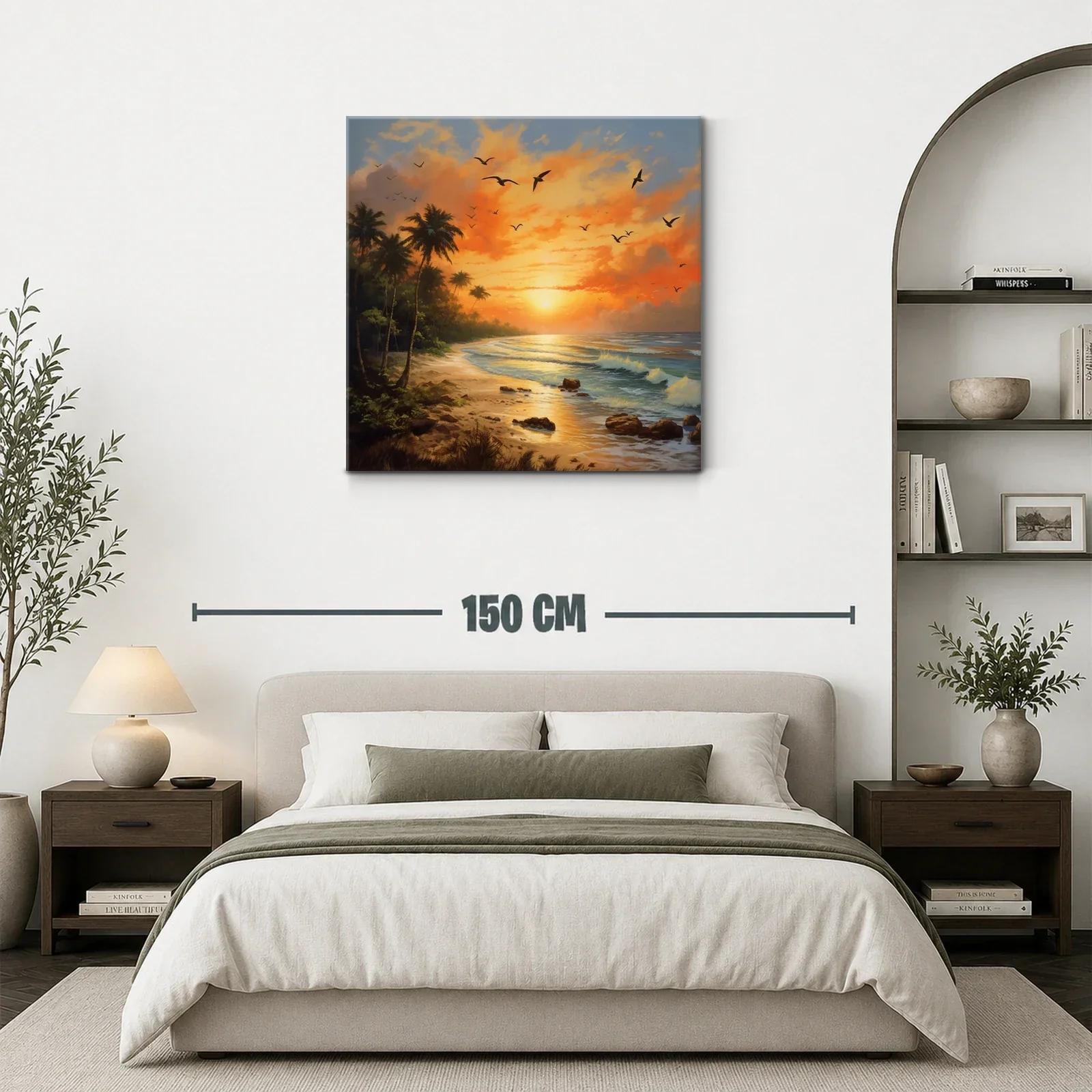 Atardecer tropical con palmeras y aves en vuelo — miniatura 3