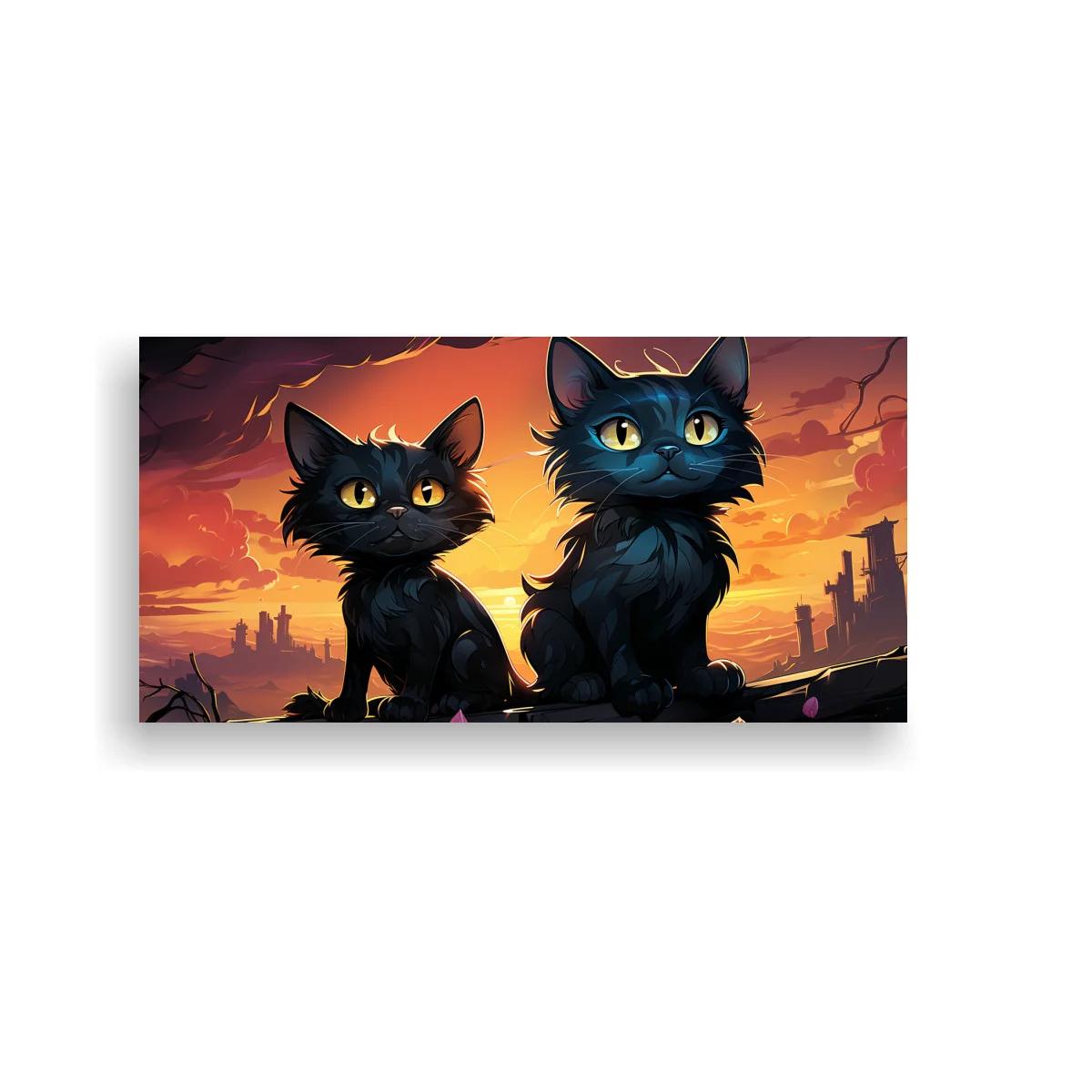 Cuadro dos gatos negros con ojos amarillos y sol bajo en el horizonte