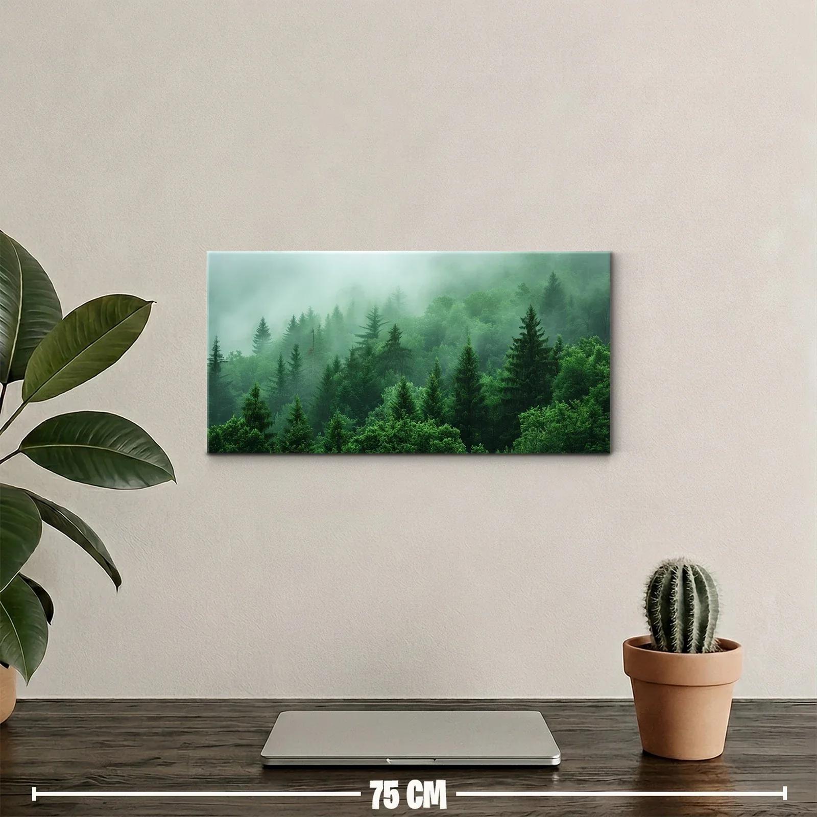 Cuadro bosque de pinos entre niebla en tonos verdes — miniatura 2