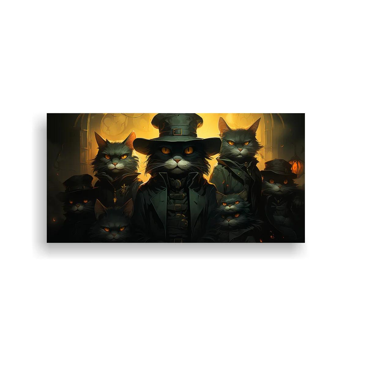 Cuadro grupo de gatos negros con sombreros de copa y contraluz dorado — imagen principal