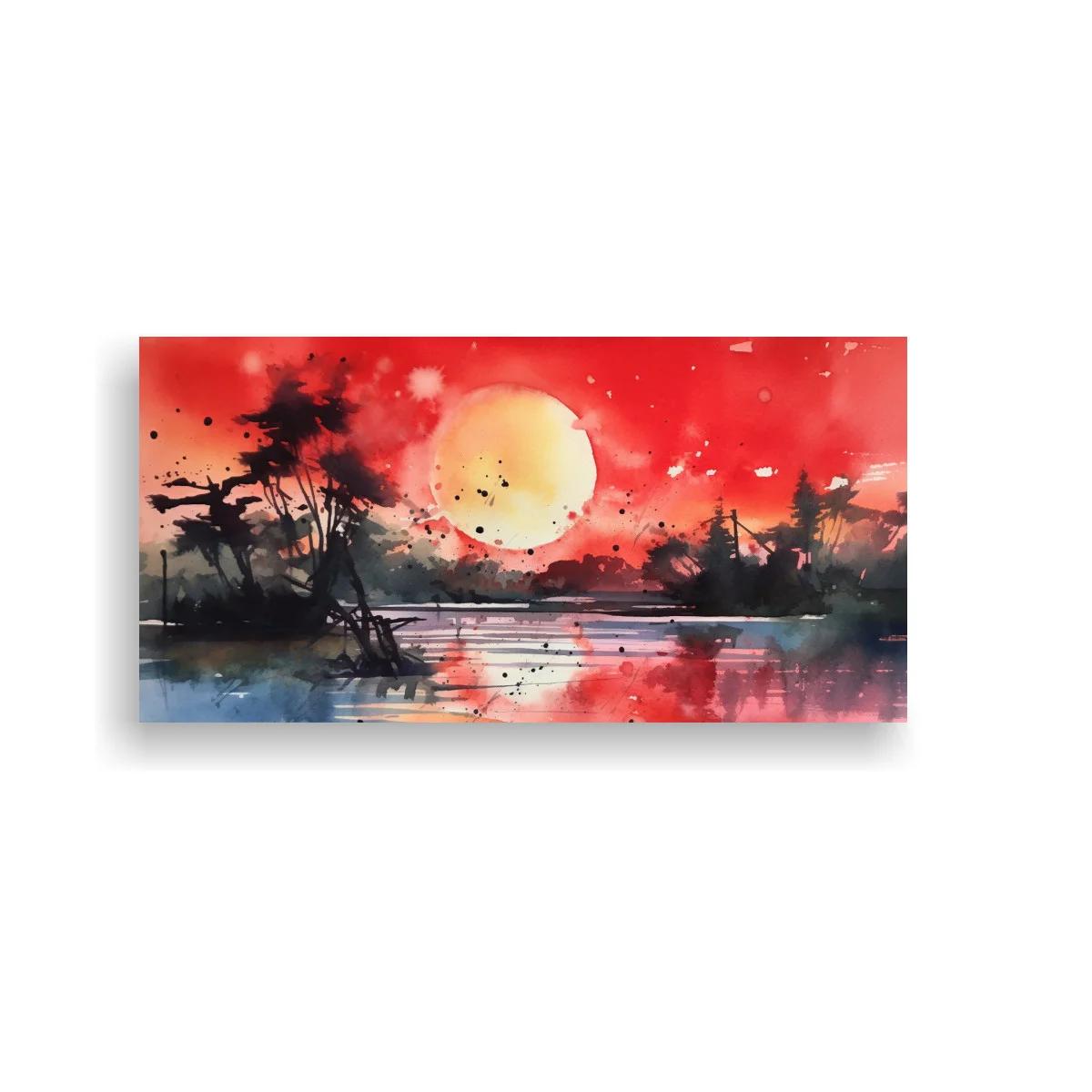 Cuadro paisaje de lago con sol y árboles en silueta — imagen principal