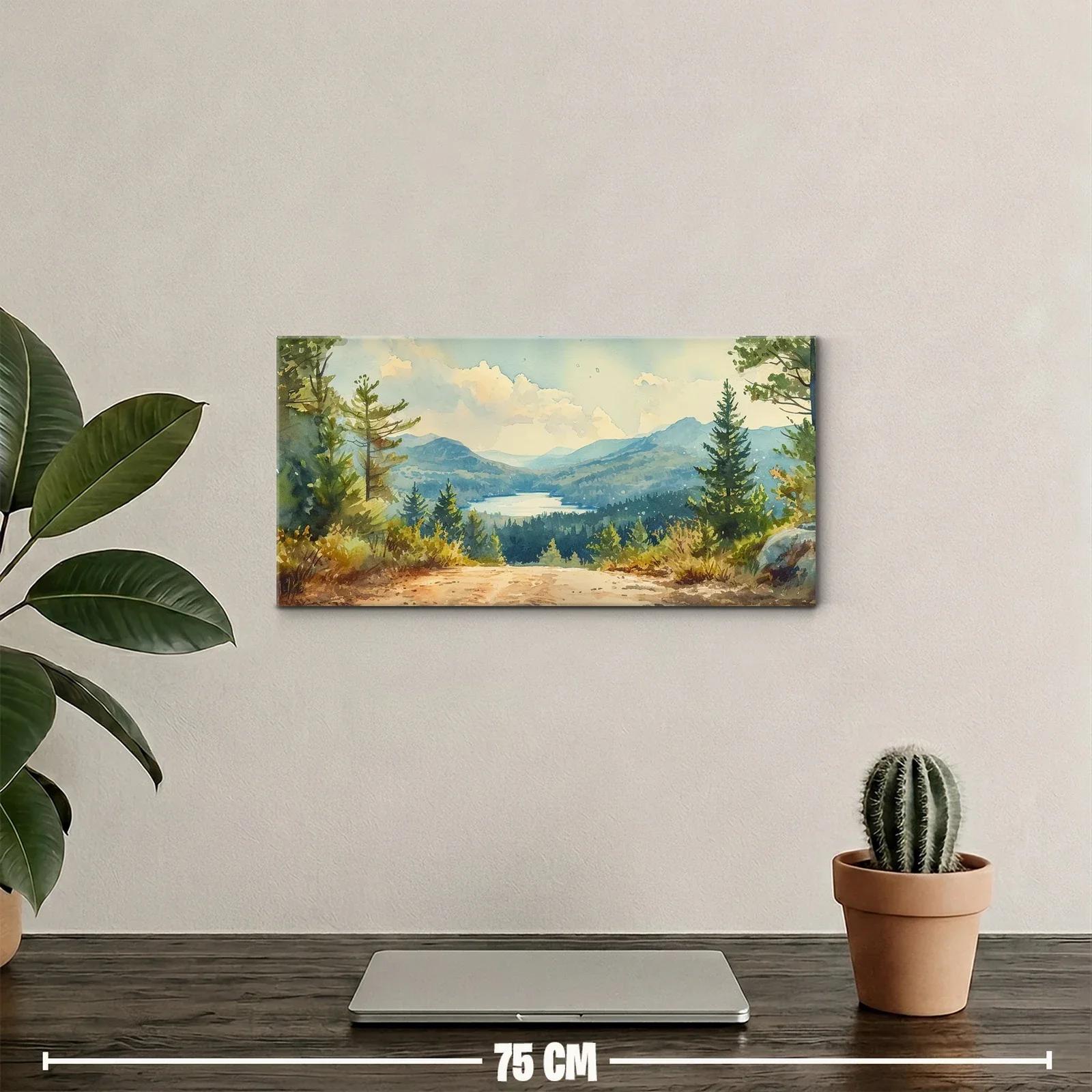 Cuadro paisaje de montaña con lago enmarcado por árboles y rocas — miniatura 2