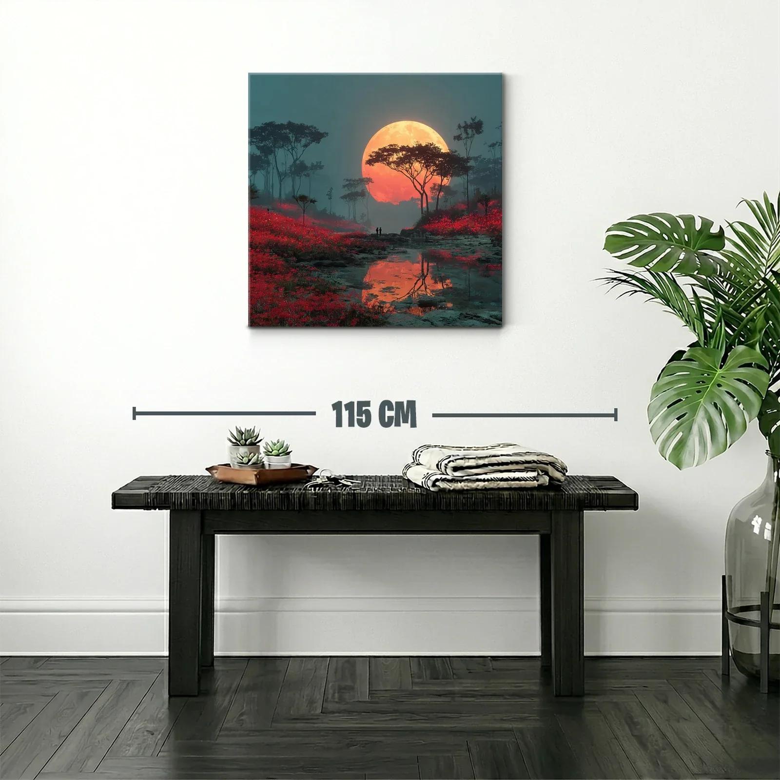 Paisaje nocturno con luna llena y campo rojo vibrante — miniatura 2