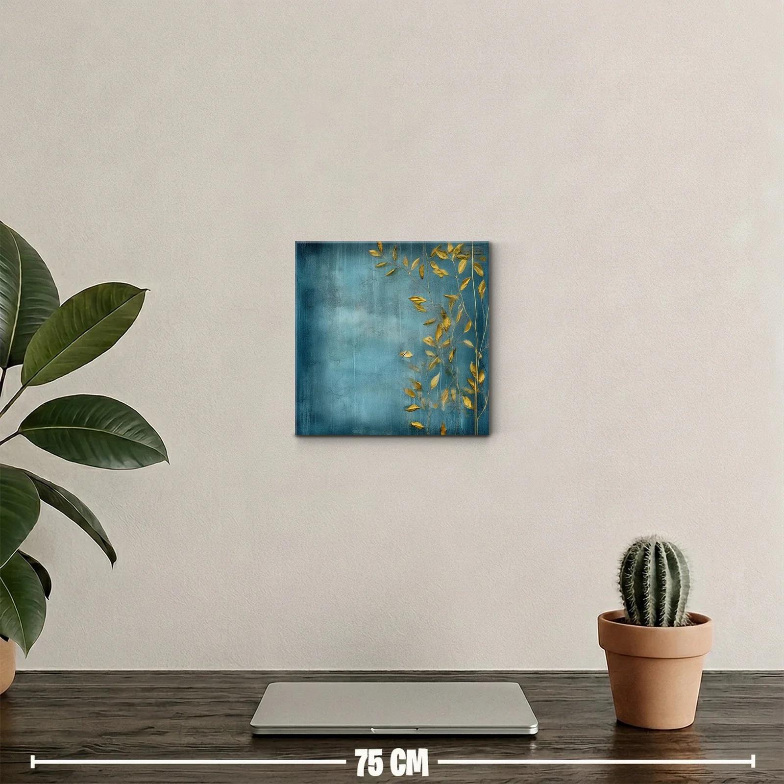 Cuadro decorativo elegante con hojas doradas sobre fondo azul — miniatura 2
