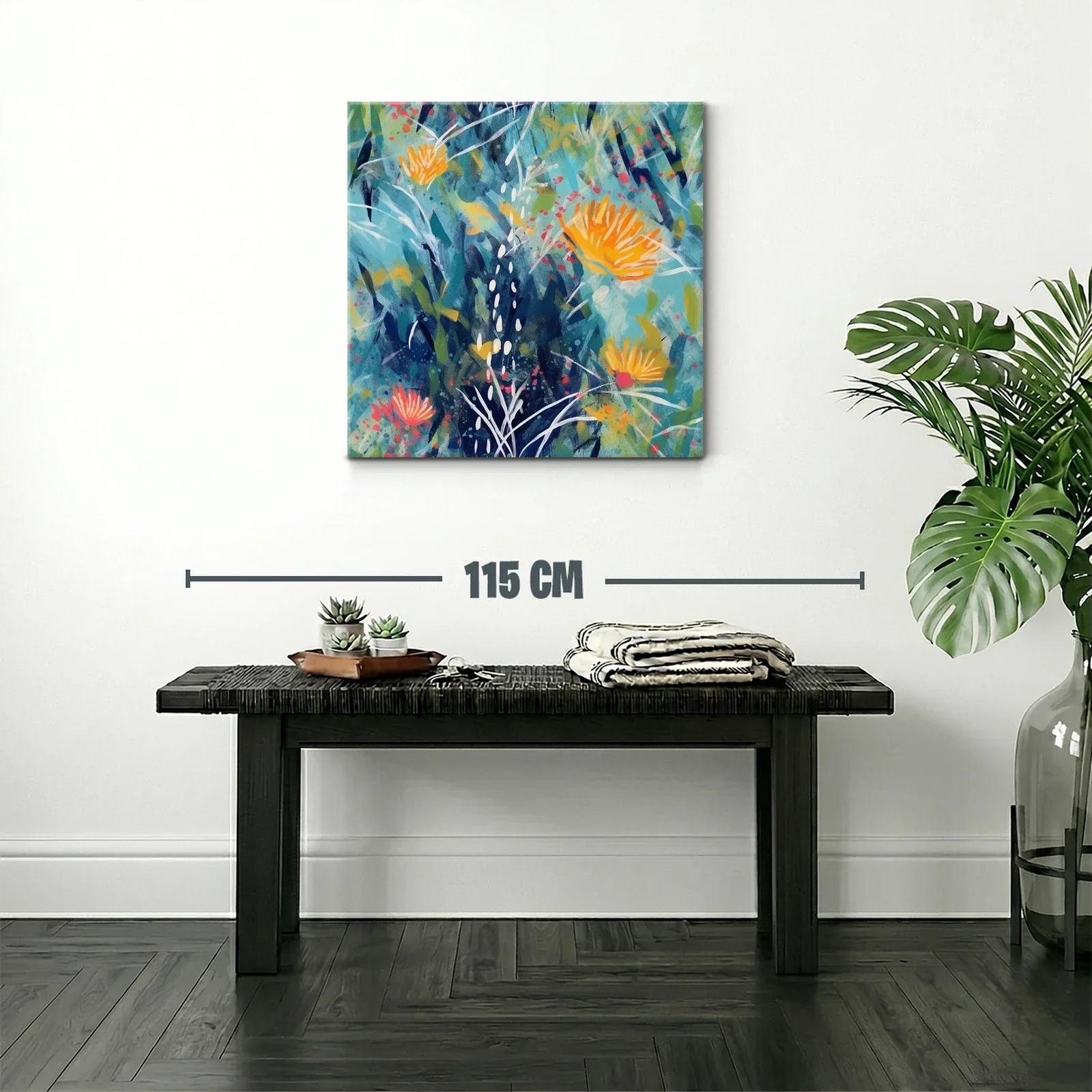 Cuadro abstracto floral en tonos azules y naranjas vivos — miniatura 2