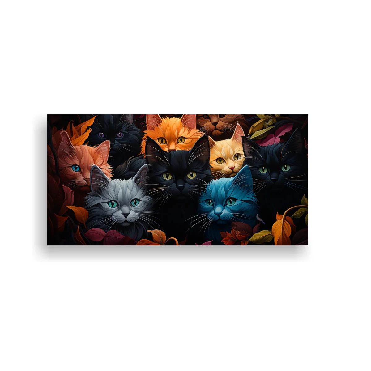 Cuadro grupo de gatos de colores entre follaje y flores