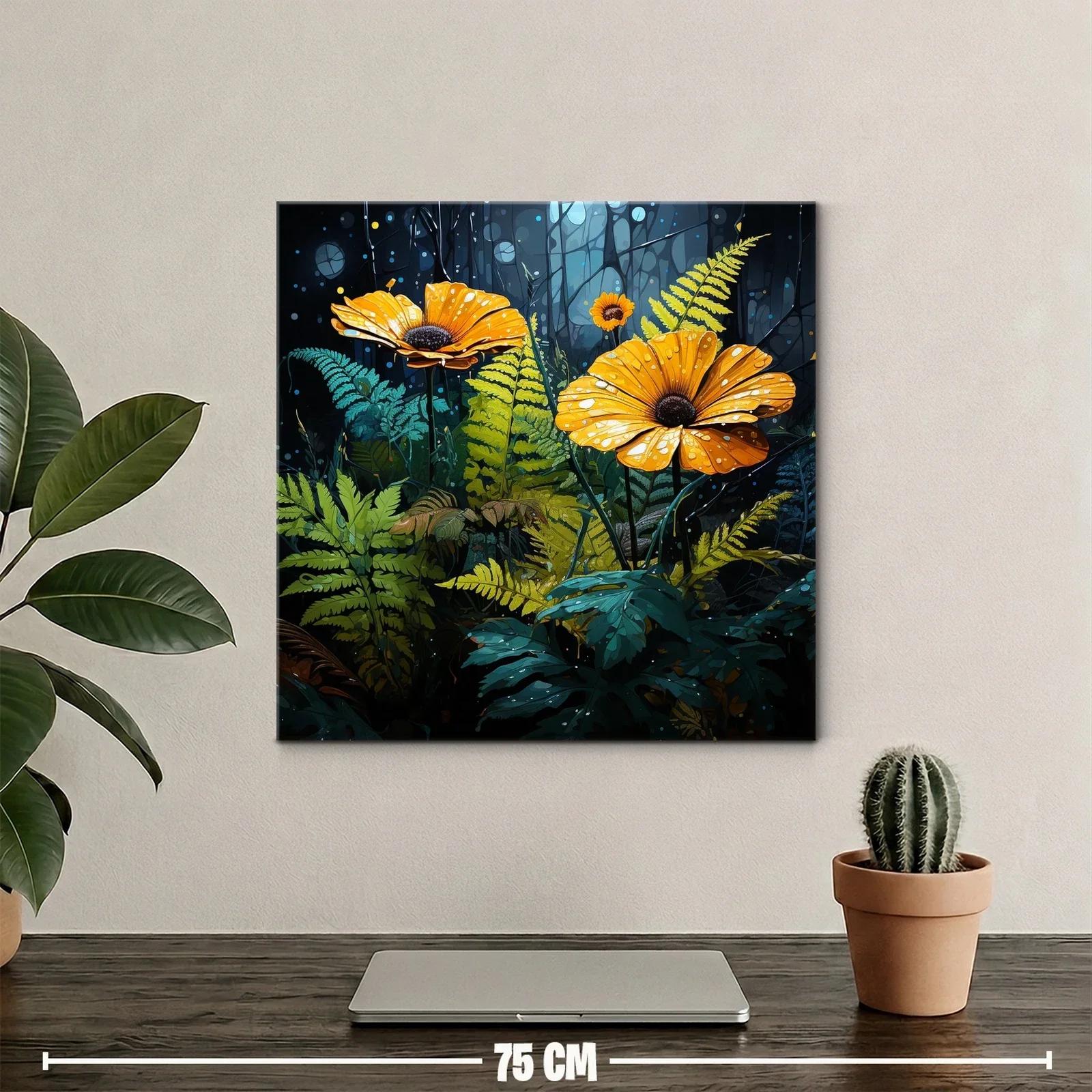 Flores amarillas en bosque oscuro con gotas de rocío — miniatura 2