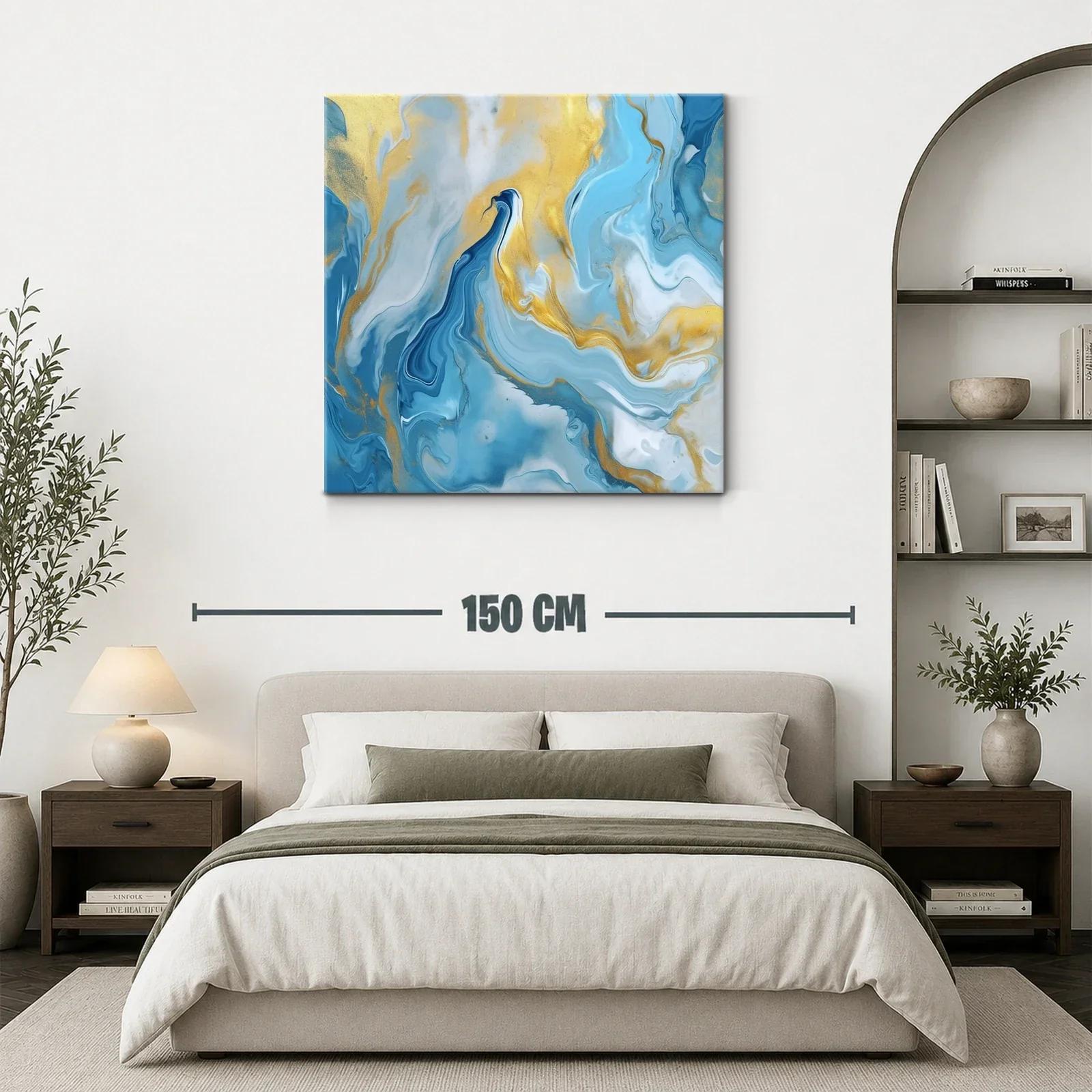 Cuadro abstracto con tonos azules y dorados vibrantes — miniatura 3