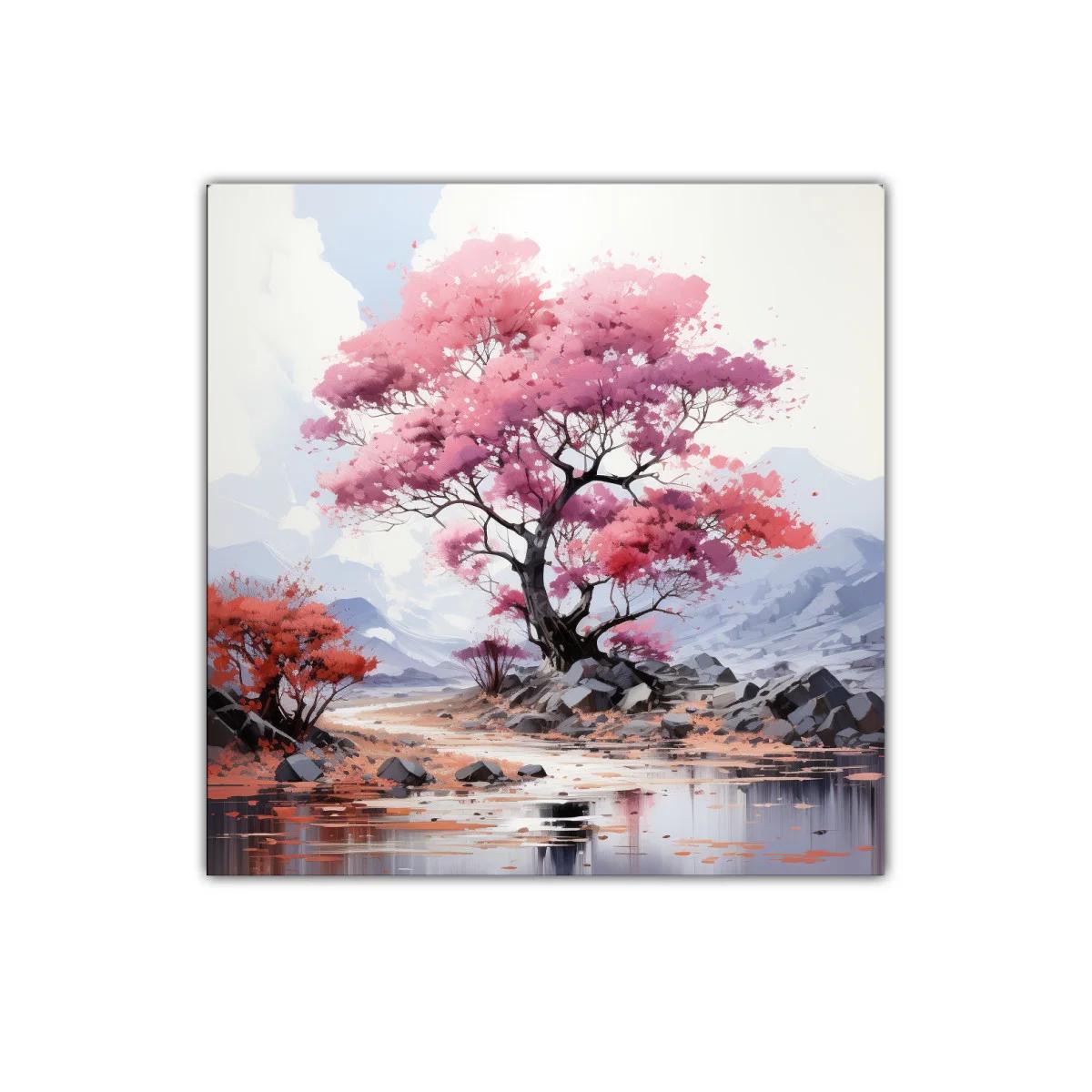 Árbol en flor sobre paisaje sereno y montaña azulada