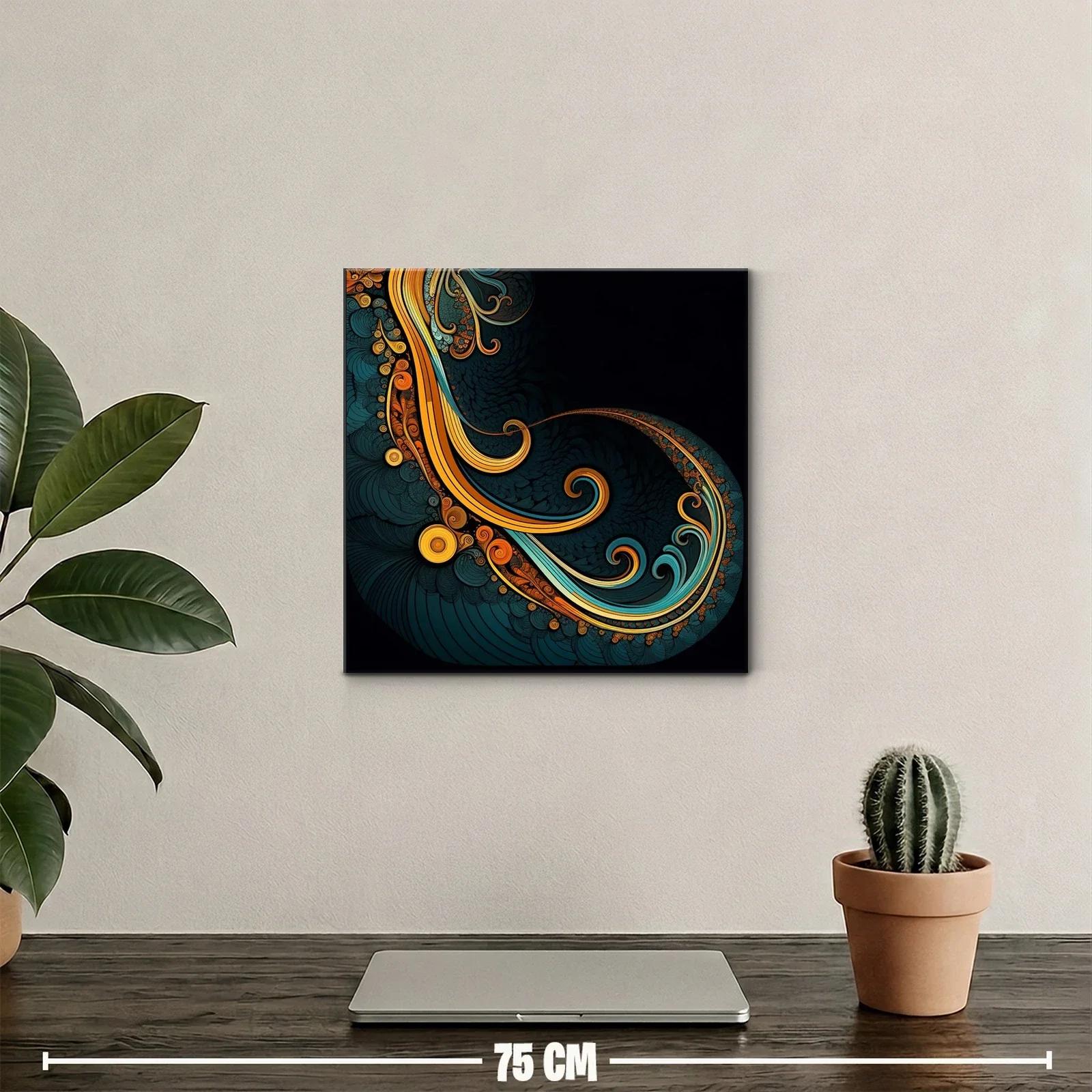Cuadro abstracto con formas onduladas en tonos cálidos y azulados — miniatura 2