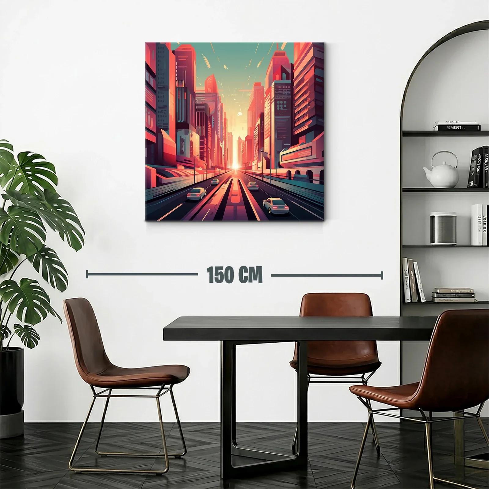 Ciudad futurista al atardecer con tonos cálidos y vibrantes — miniatura 2