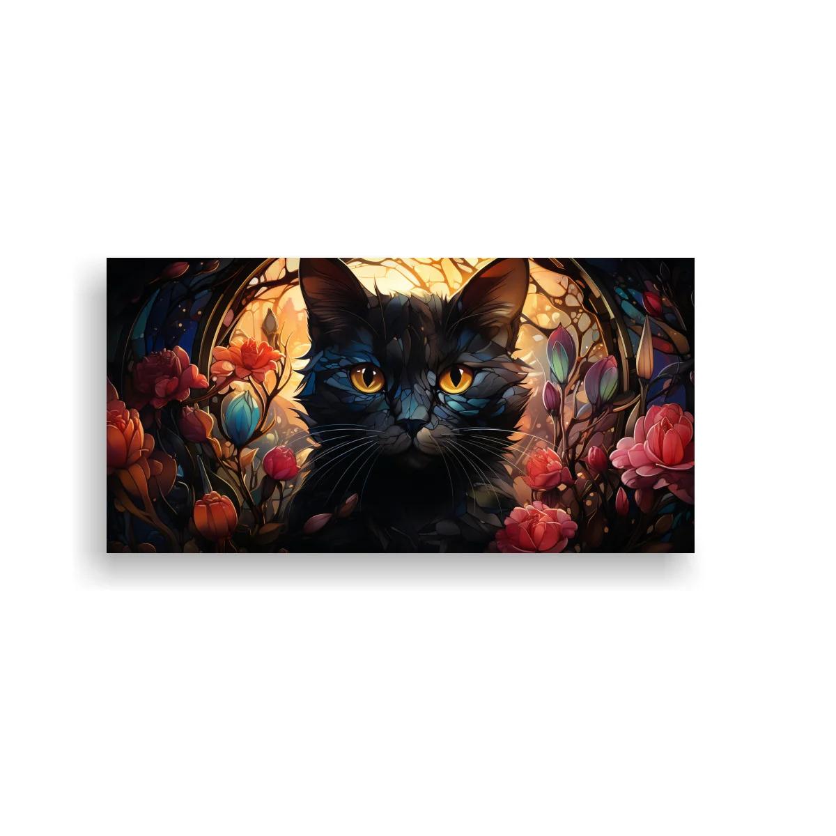 Cuadro gato negro de ojos ámbar entre flores y ramas — imagen principal
