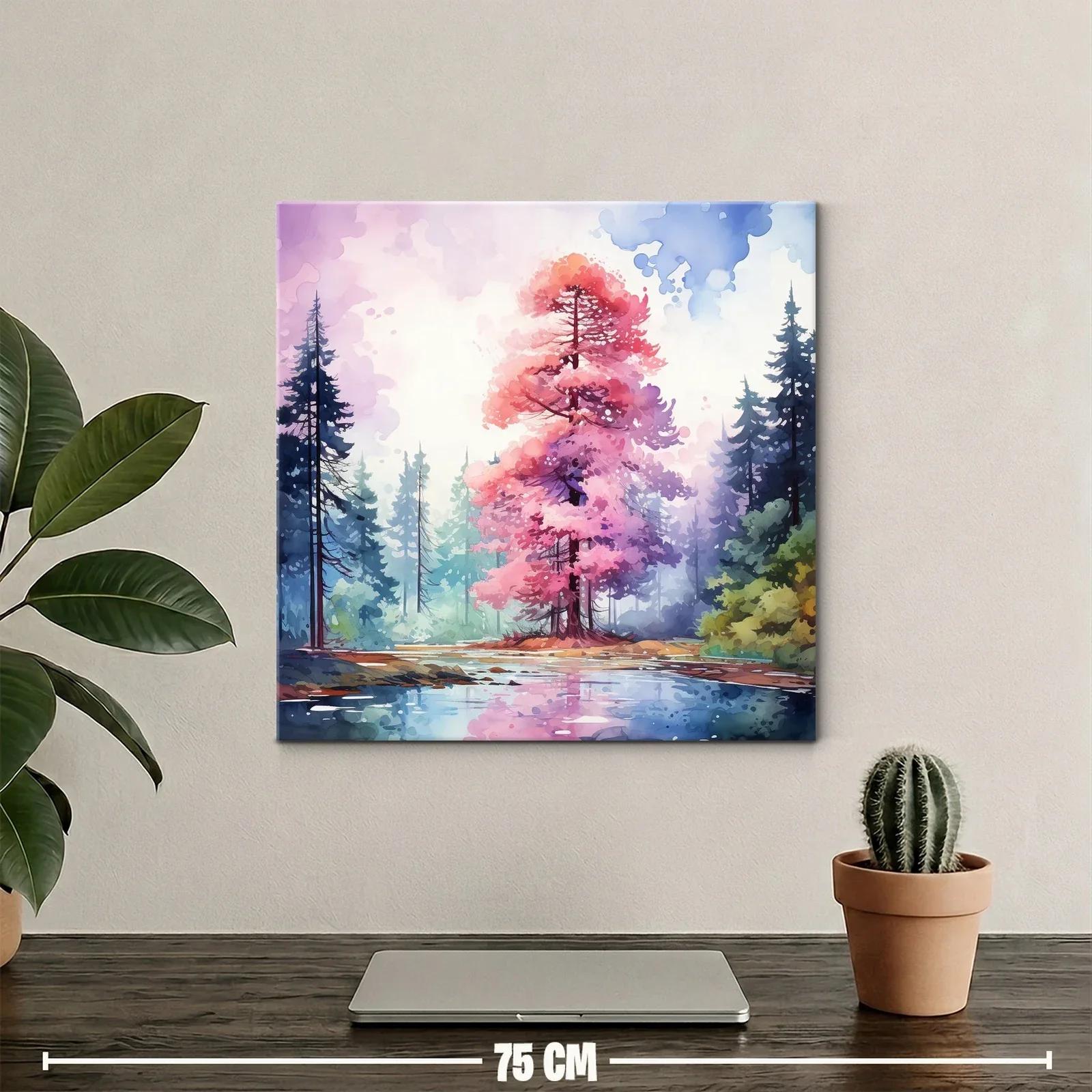 Árbol rosa en paisaje sereno junto a lago reflejado — miniatura 2