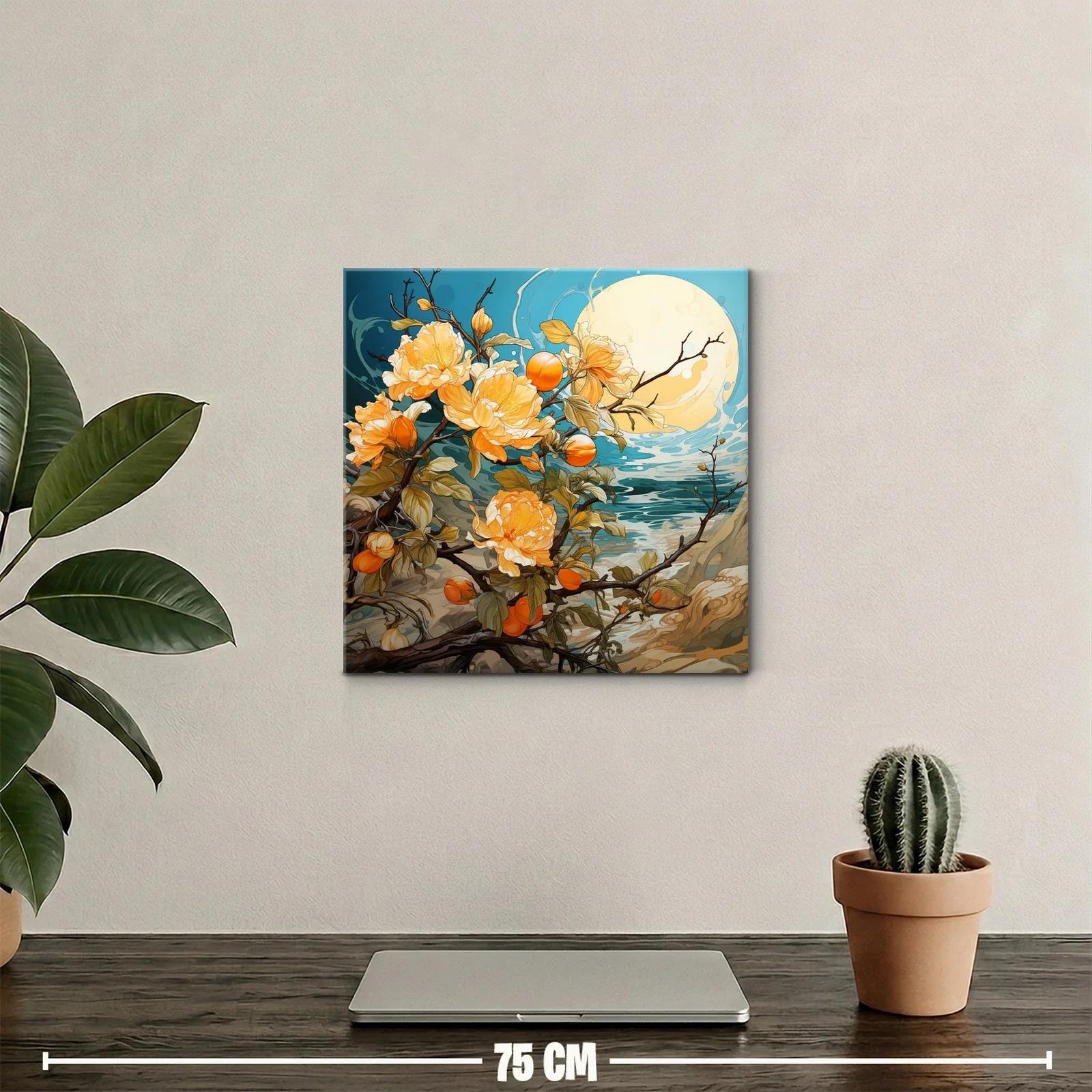 Flores naranjas bajo luna llena junto al mar — miniatura 2