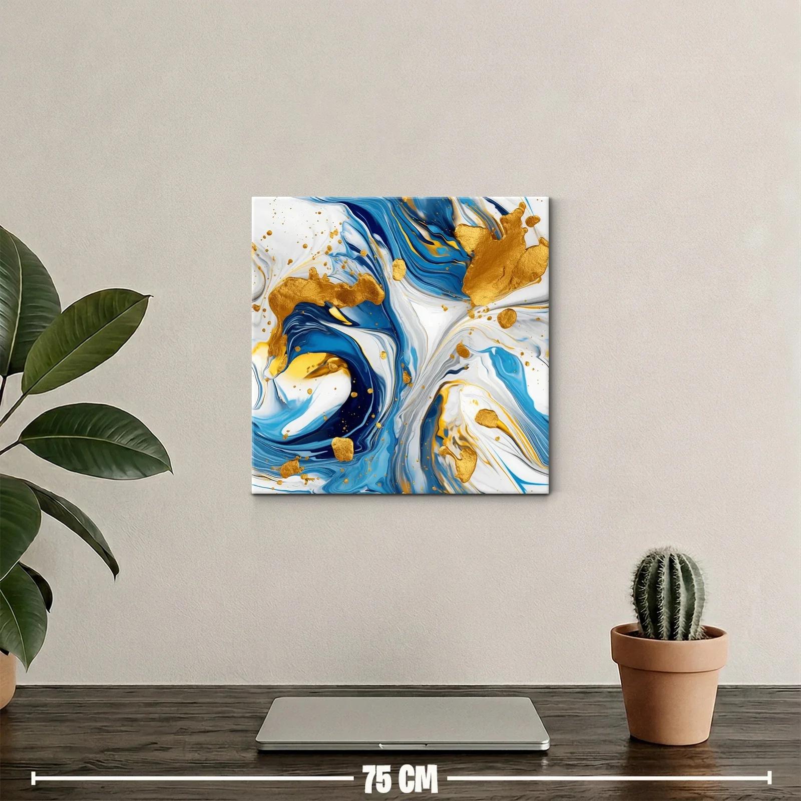 Cuadro abstracto con tonos azules y detalles dorados vibrantes — miniatura 2