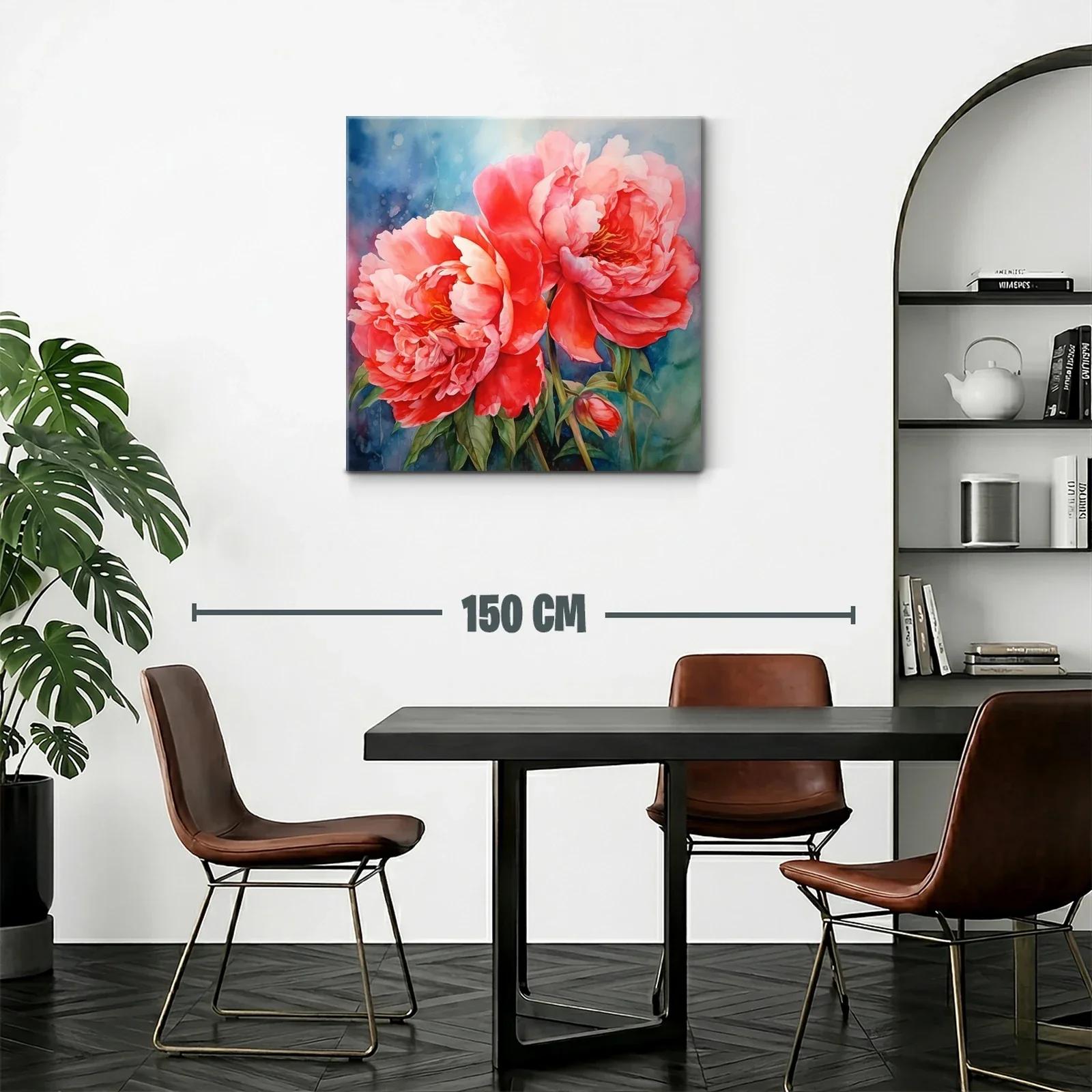 Cuadro floral con peonías vibrantes y fondo azul difuminado — miniatura 2