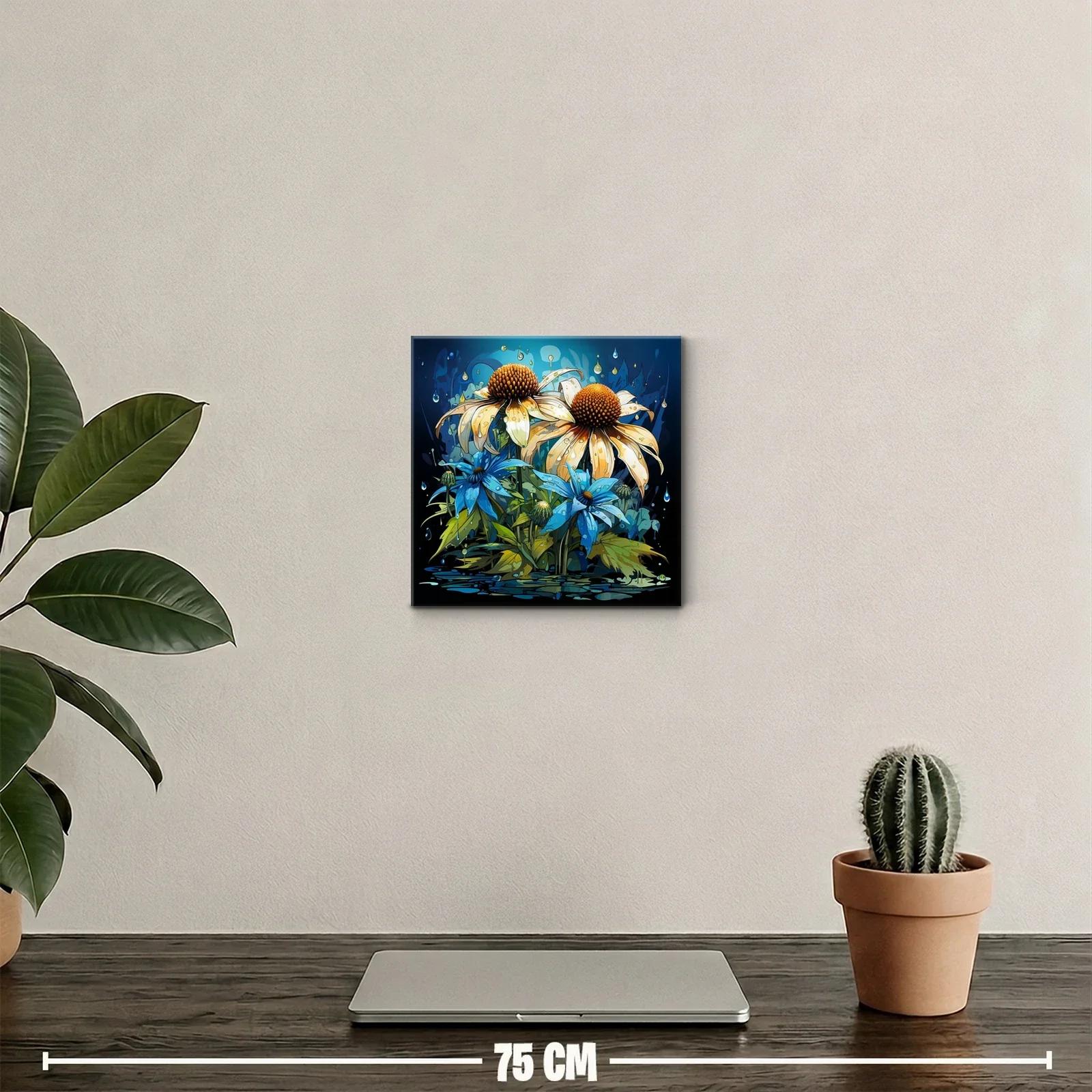 Flores vibrantes con gotas sobre fondo azul oscuro — miniatura 2
