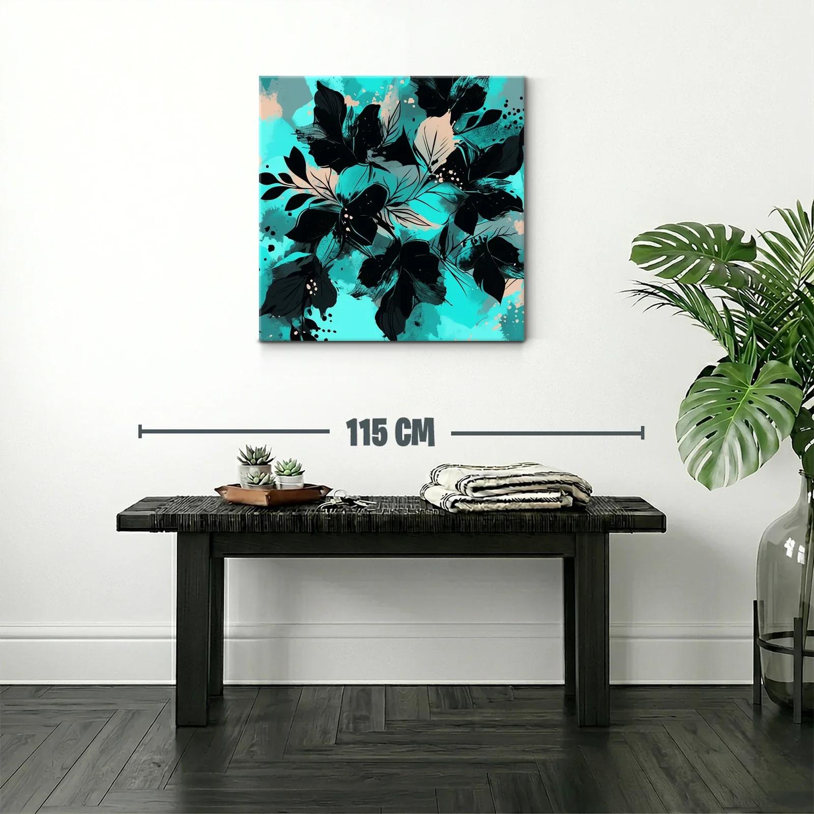 Cuadro moderno con motivos florales en tonos turquesa y negro — miniatura 2