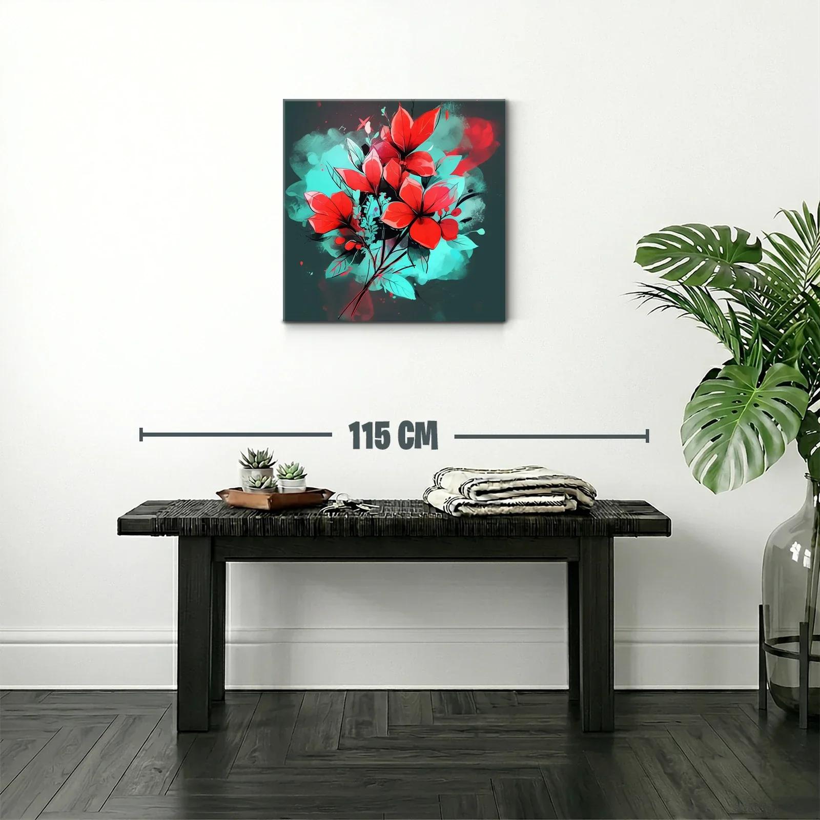 Cuadro floral vibrante con contraste rojo y turquesa — miniatura 2