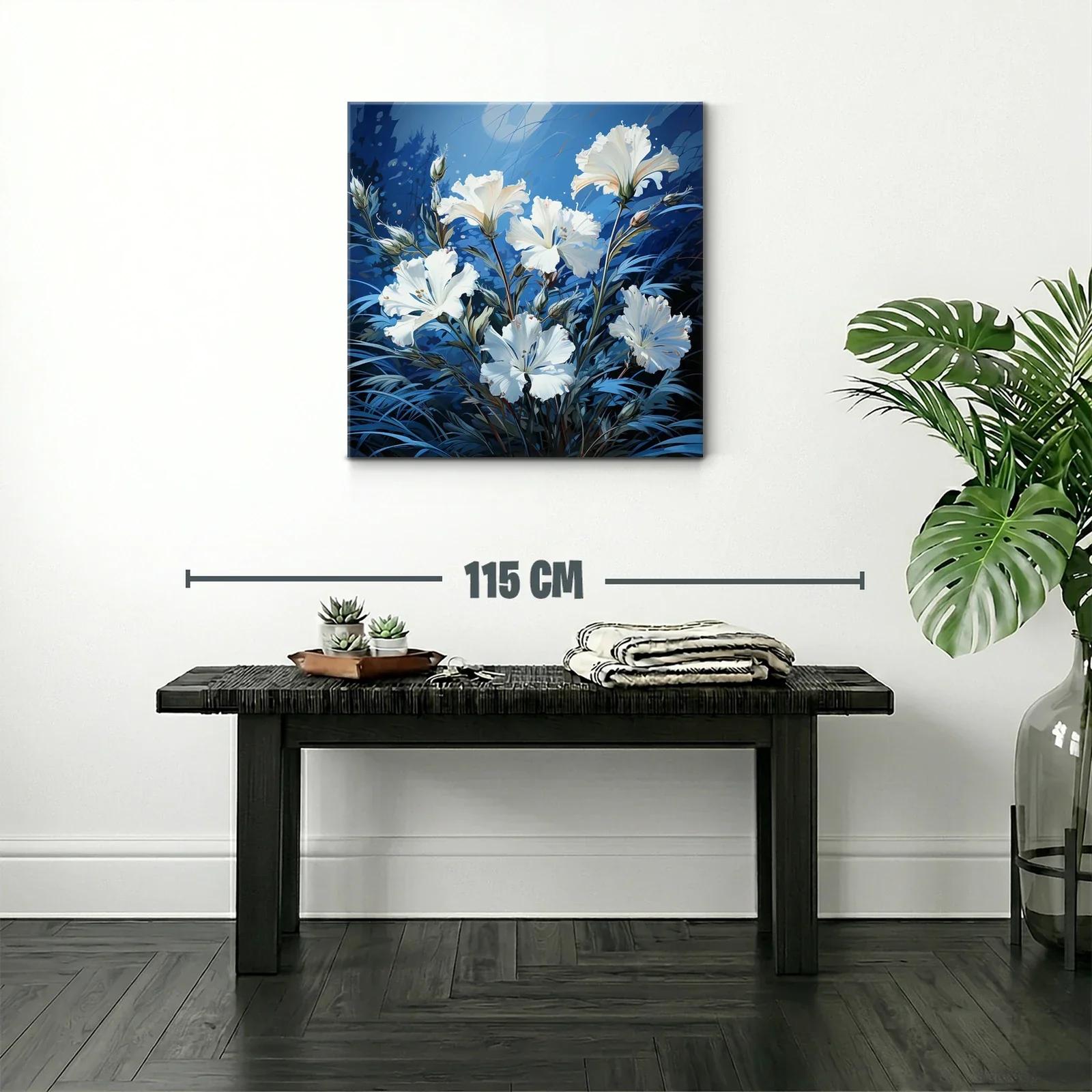 Cuadro con delicadas flores blancas sobre fondo azul — miniatura 2