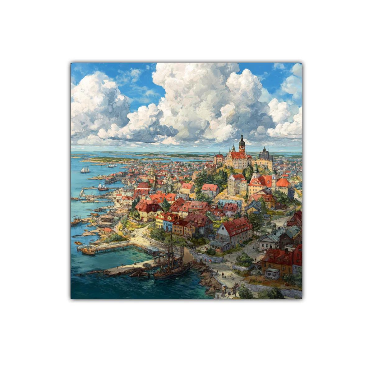 Vista panorámica de pueblo costero bajo cielo dramático — miniatura 1