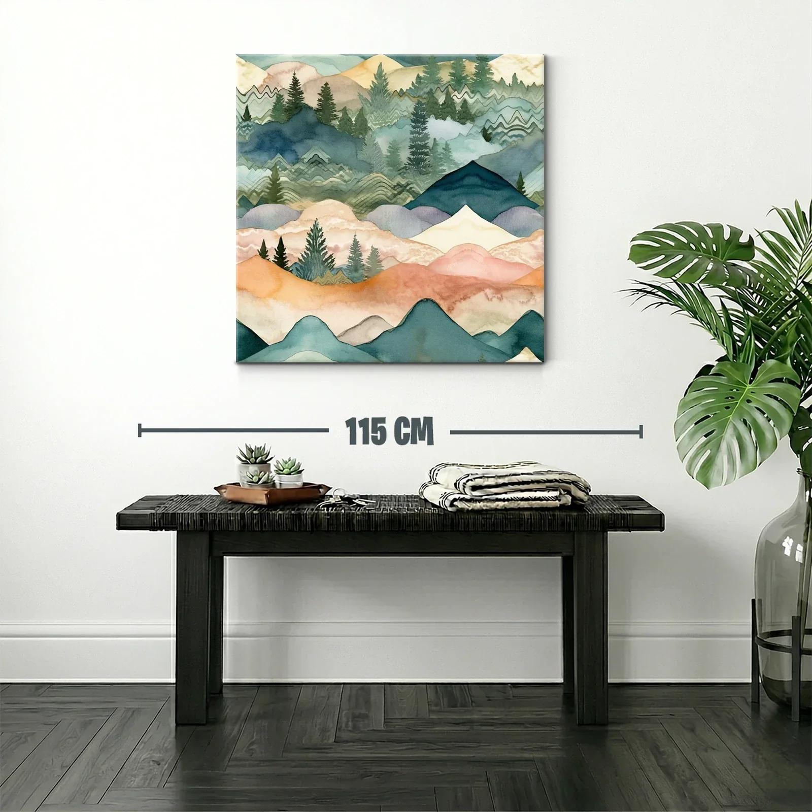 Paisaje abstracto de montañas y pinos en tonos suaves — miniatura 2