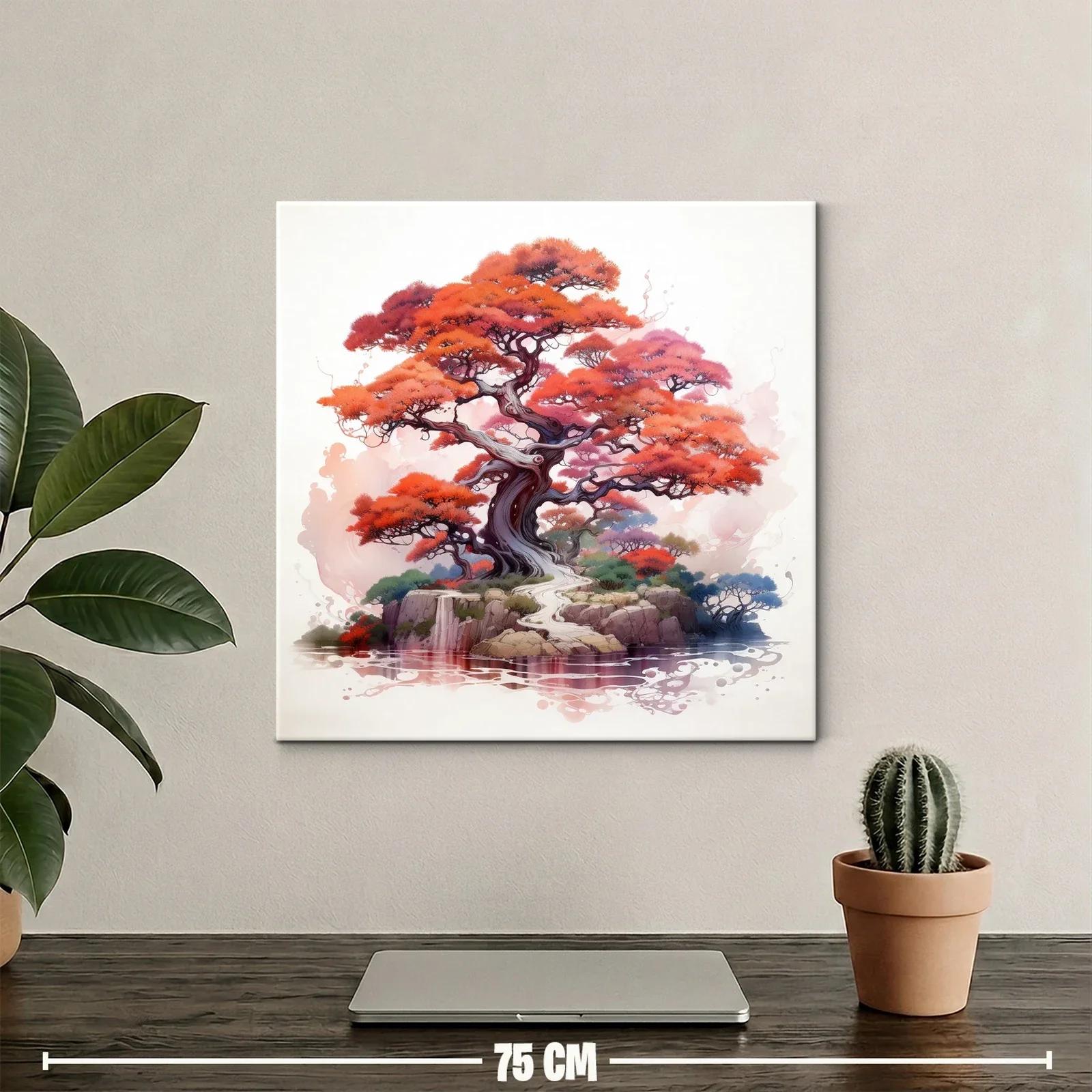 Árbol rojo y paisaje sereno con reflejo en el agua — miniatura 2