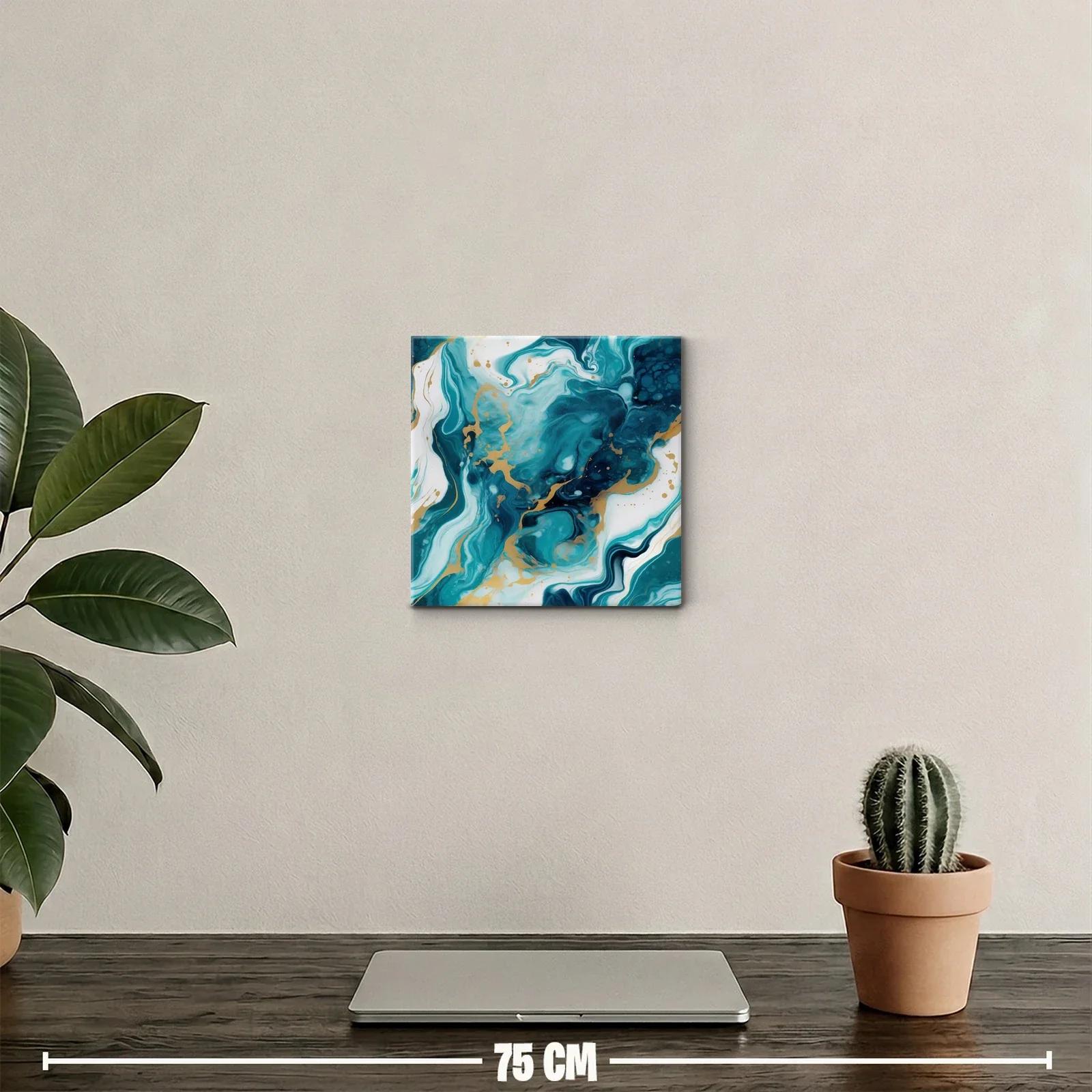 Cuadro abstracto con tonos turquesa y dorados vibrantes — miniatura 2