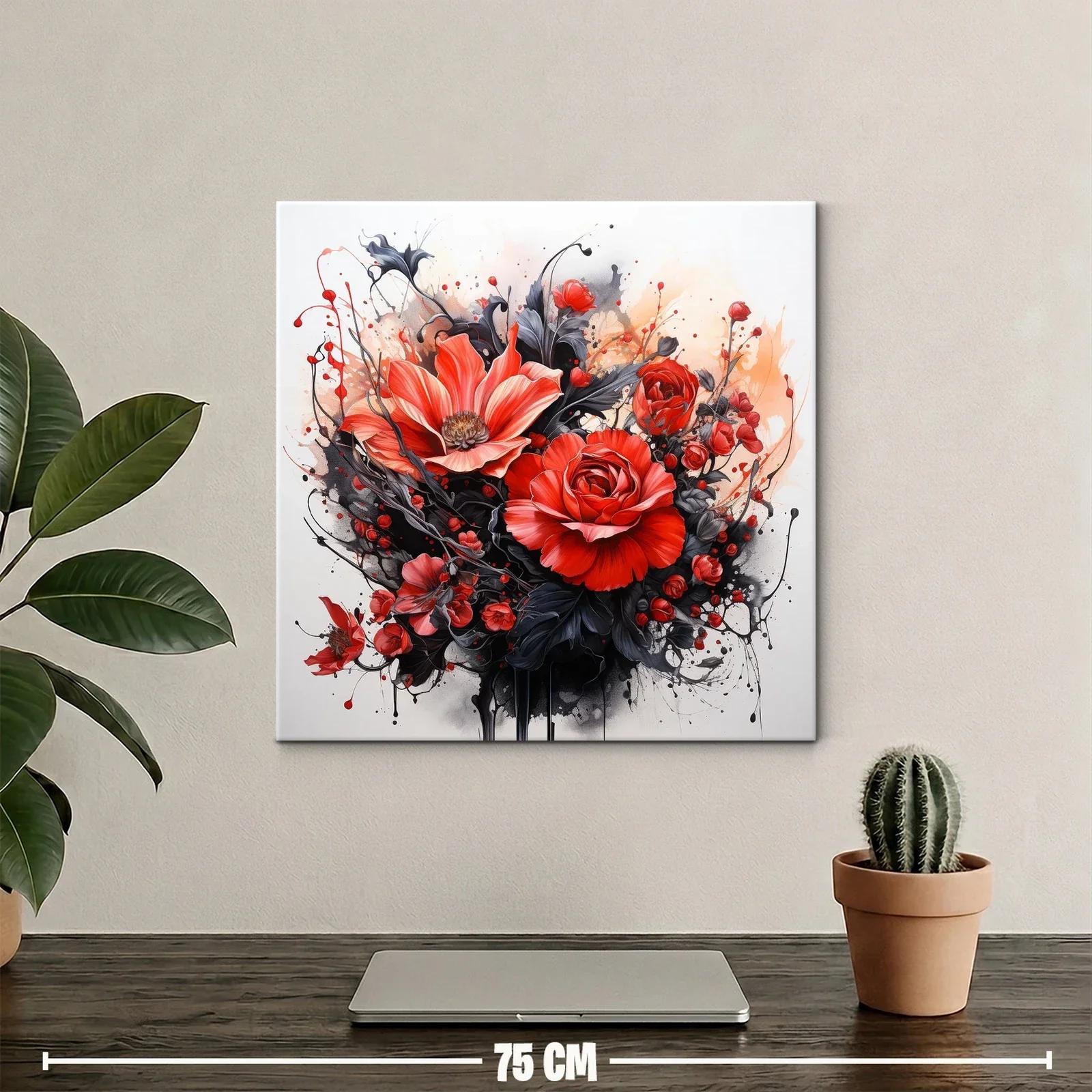 Cuadro floral en rojo y negro con detalles vibrantes — miniatura 2