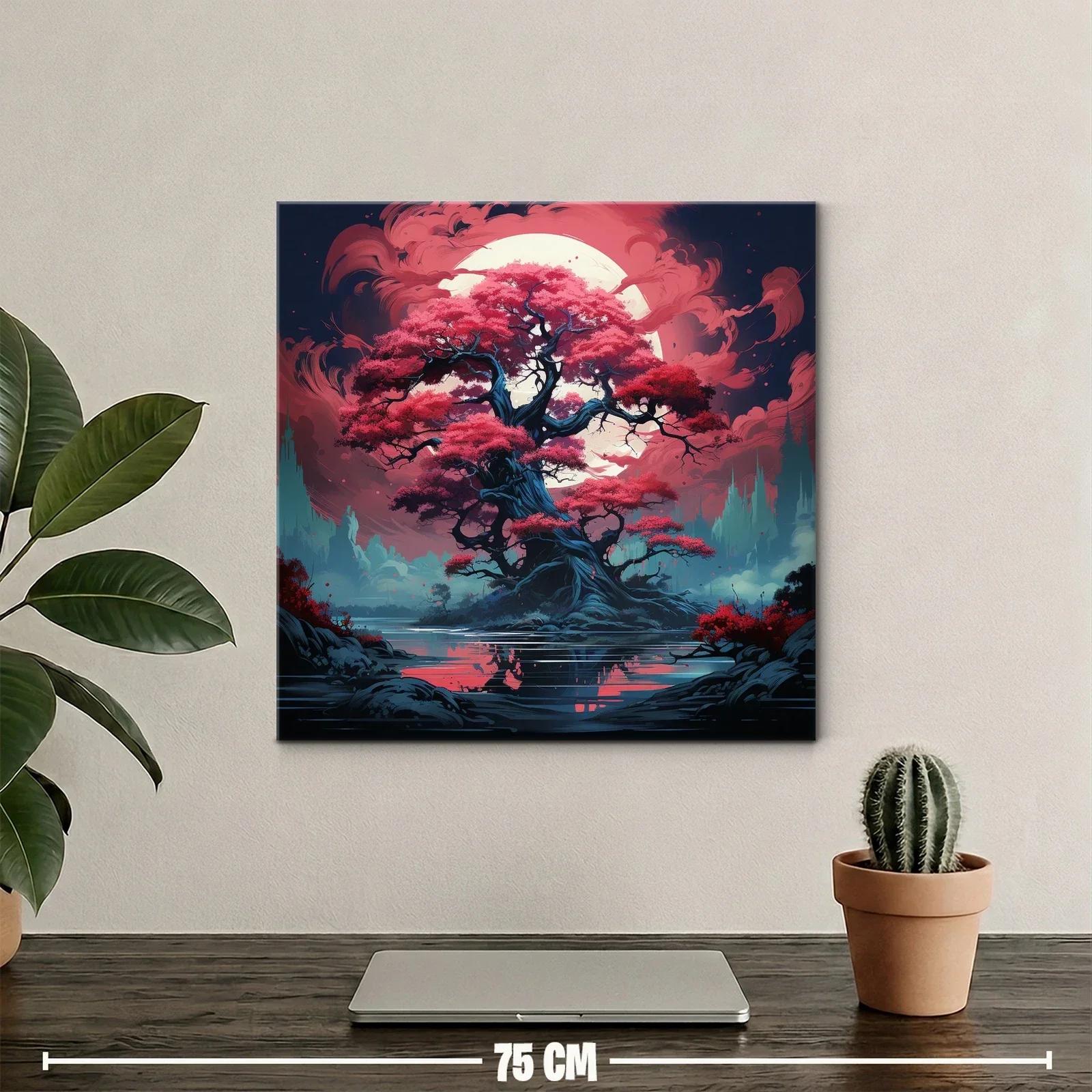 Árbol mágico con hojas rojas bajo luna llena brillante — miniatura 2