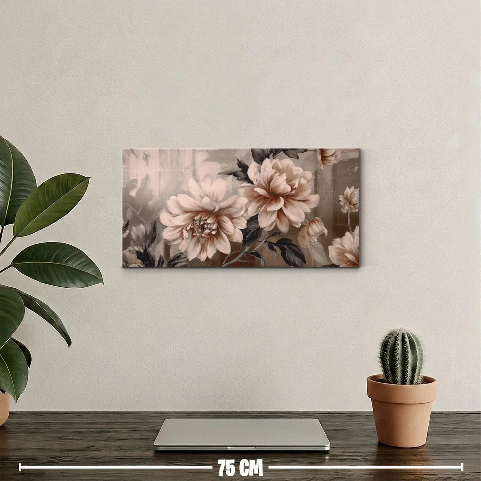 Cuadro dalias agrupadas con follaje y fondo brumoso — miniatura 2
