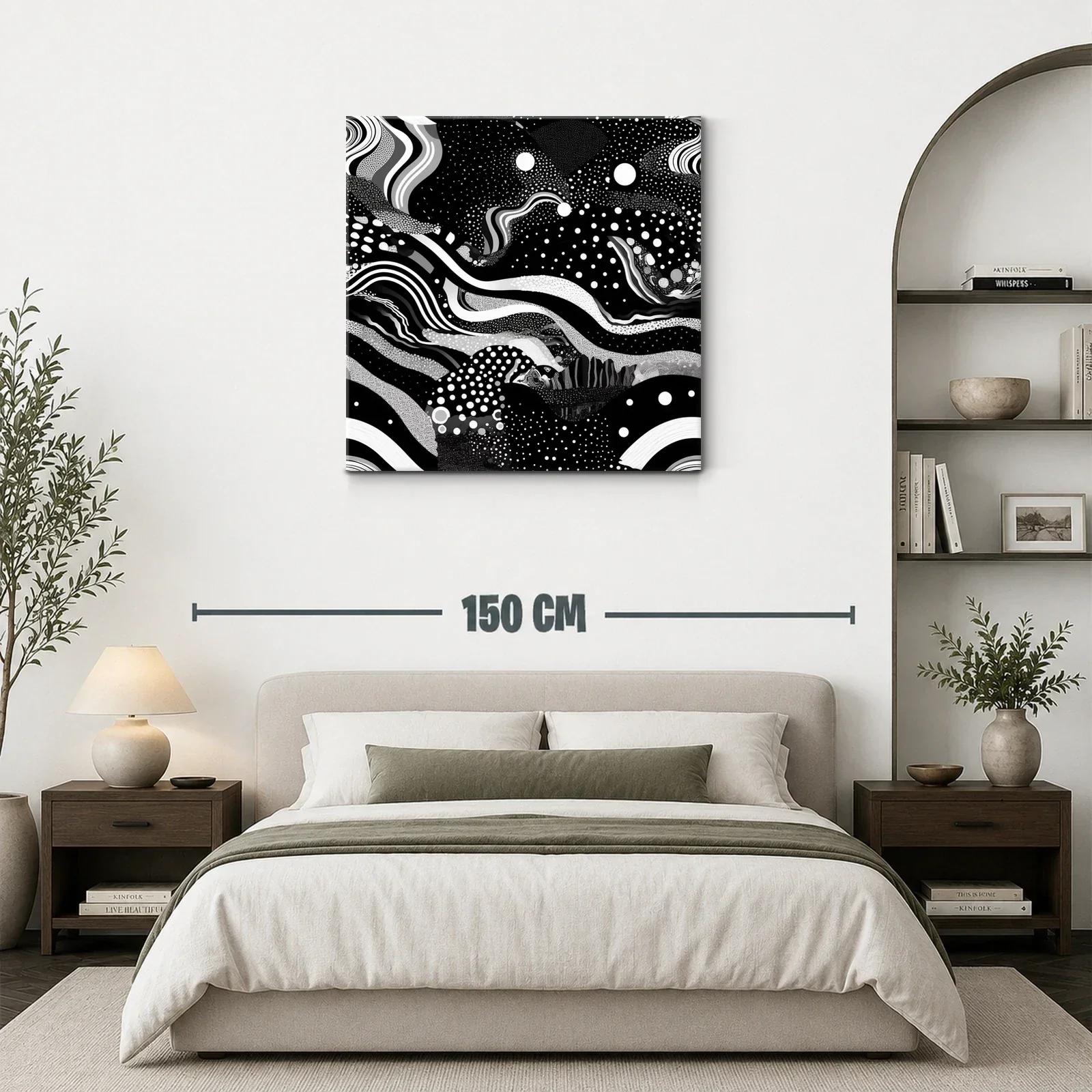 Cuadro abstracto en blanco y negro con formas y puntos dinámicos — miniatura 3