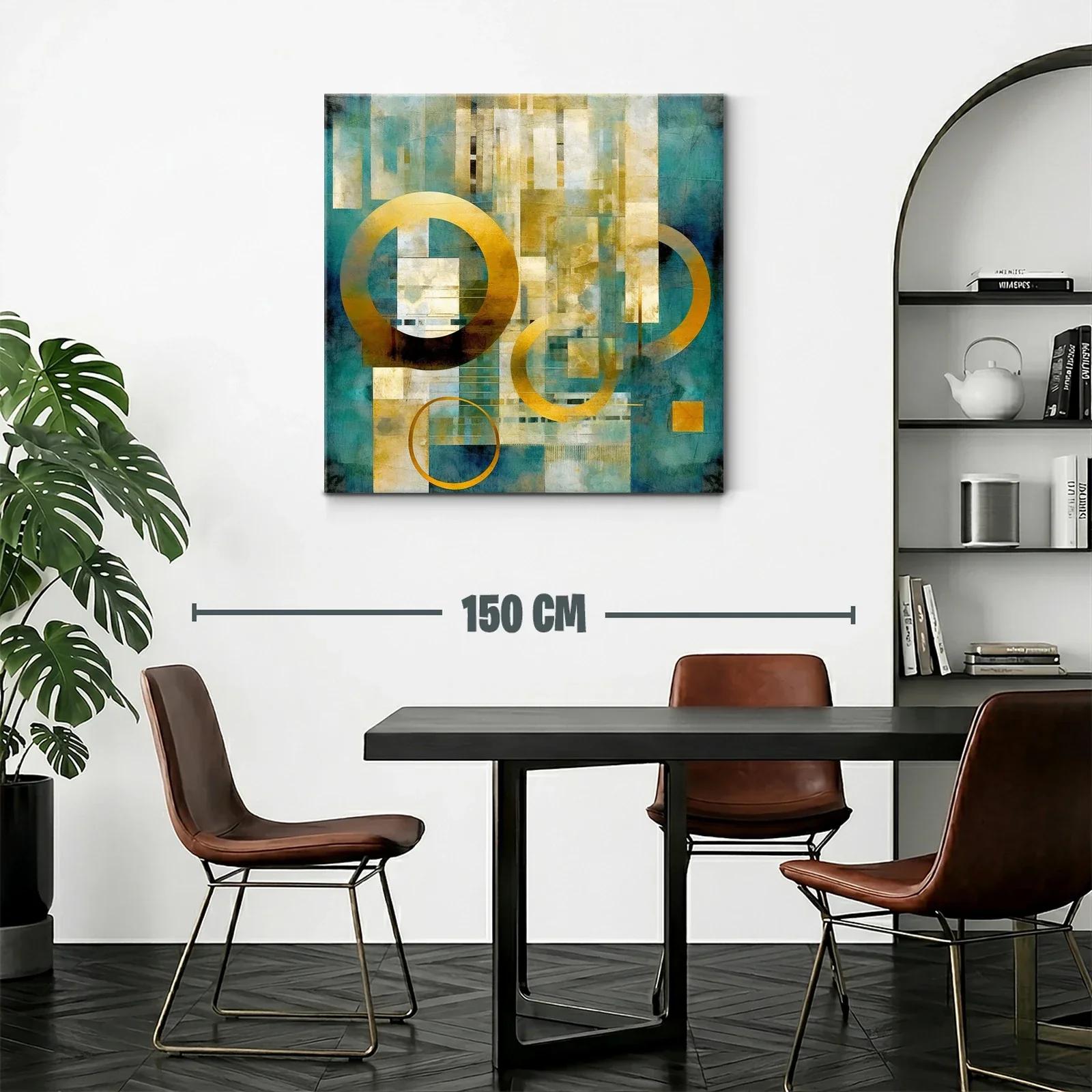 Cuadro abstracto moderno en tonos dorados y turquesa — miniatura 2