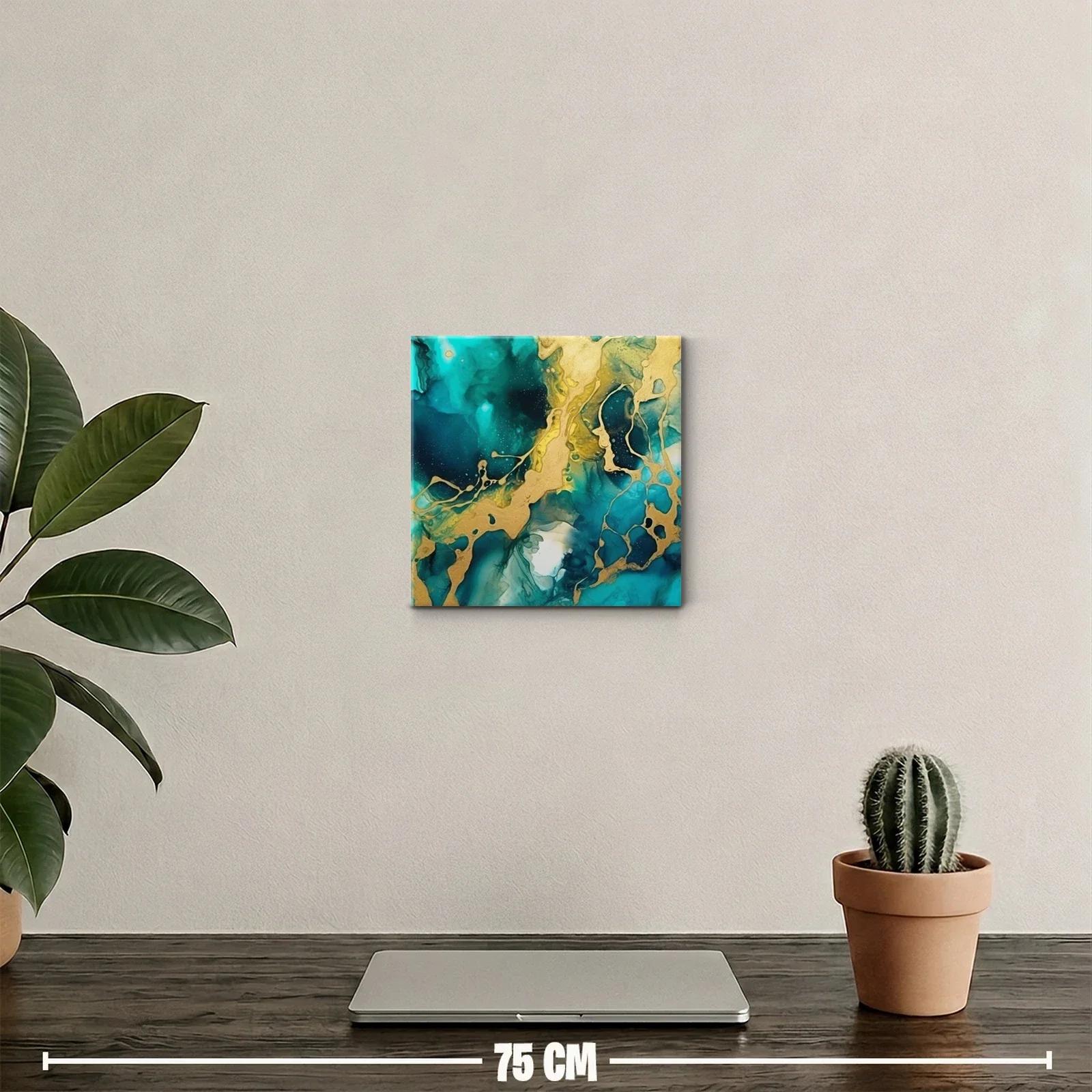 Cuadro abstracto con tonos turquesa y dorados vibrantes — miniatura 2